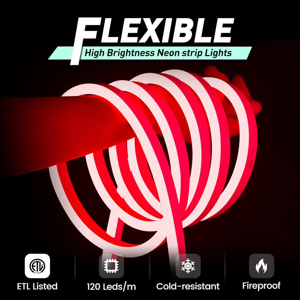 GZBtech Flexible LED Neon Rope Lights 50FT,AC 110-120V Waterproof Strip Light, 120 LEDs/M Cuttable Connectable Neon Lighting for Indoor Outdoor Home Decor/Commercial Building Use-Red 15M