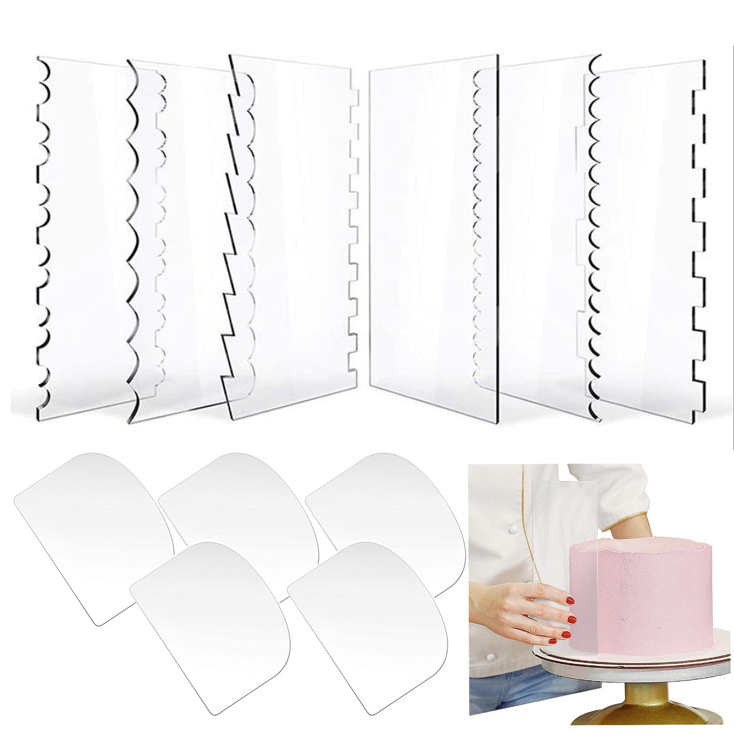 Woohome 6 PCS Acrylic Cake Scraper Decorating Transparent Cake Cream Scraper Clear Icing Comb Contour Decorating Set for Bread Pastry Cake Decorating Supplies DIY Kitchen Bakery Baking Tool
