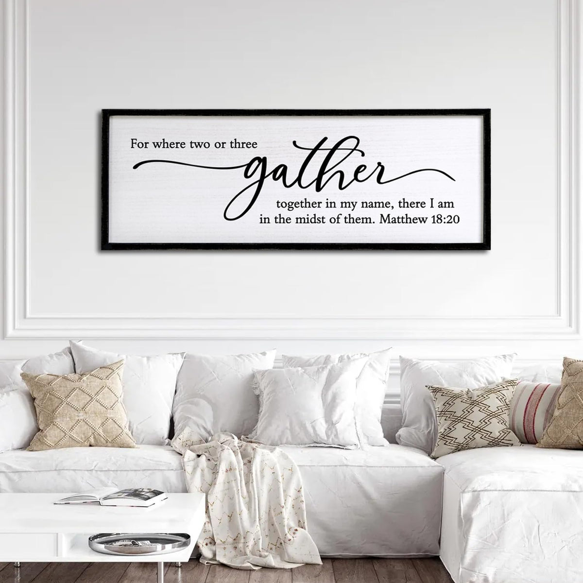 For Where Two Or Three Gather Sign Dining Room kitchen Wall Decor Bible Verse Scripture Matthew 18:20 Wooden Frame 32X12 Inch for Christian Family Hanging Art (Black)