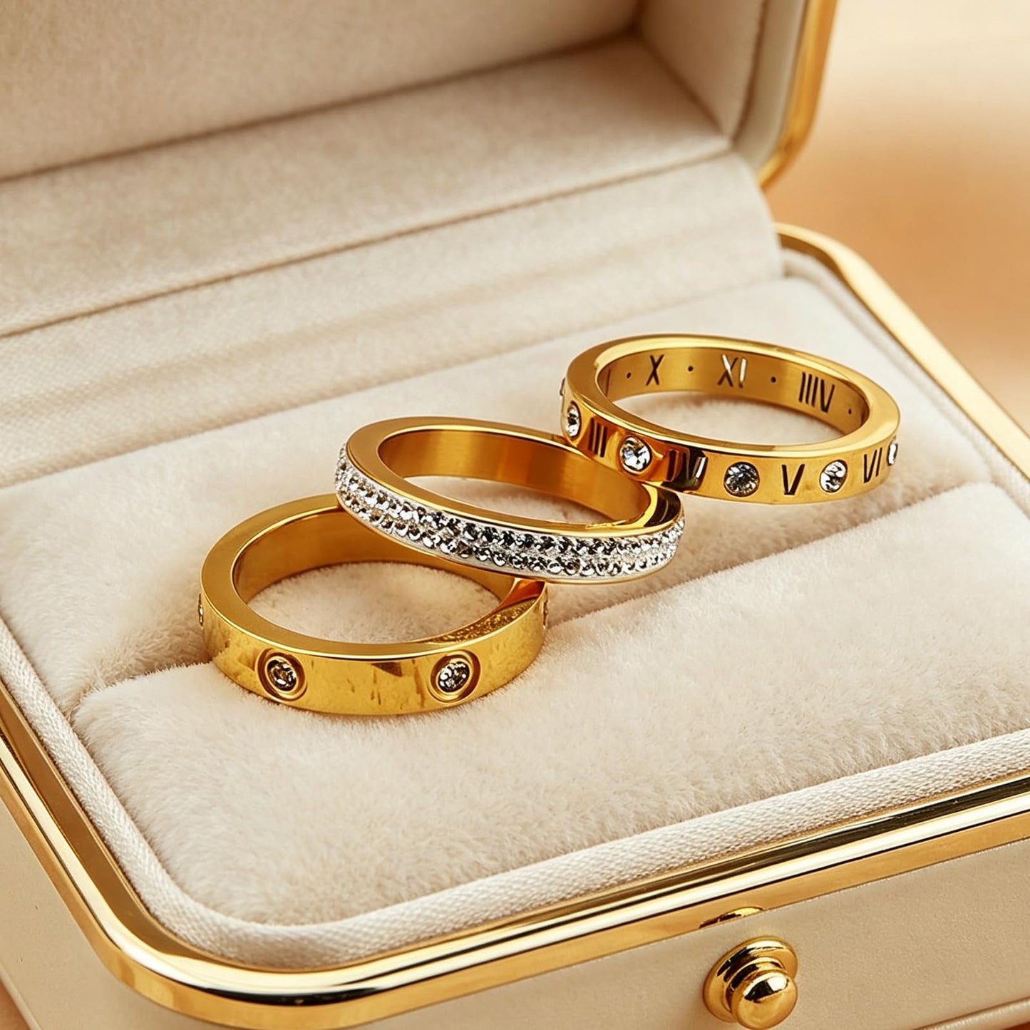 YIKOXI 3pcs Love Friendship Lucky Ring Cubic Zirconia Gold Ring Sets for Women Stainless Steel Wedding Statement Thumb Ring Bands (Gold, 9)