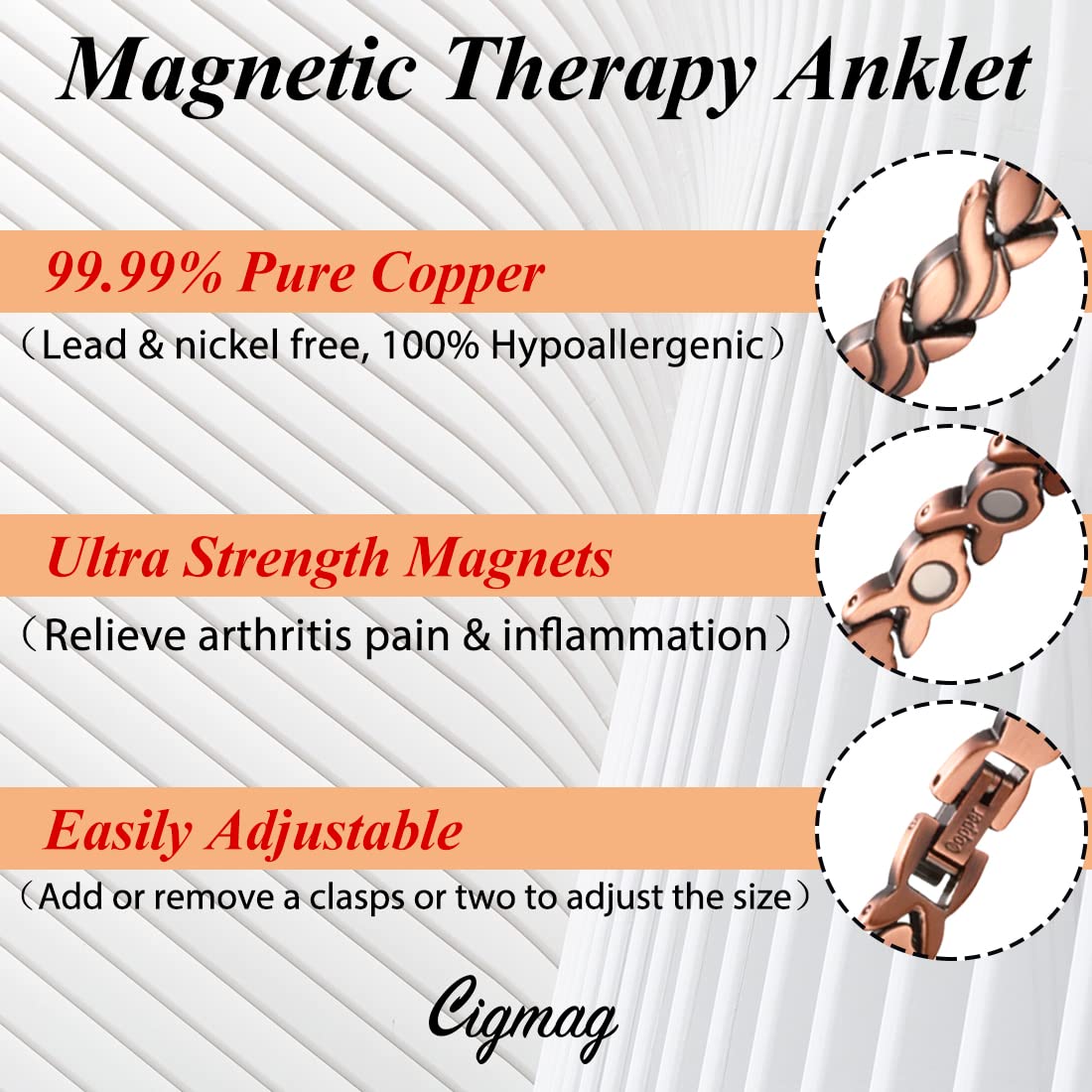 Cigmag Copper Anklet for Women Ultra Strength Solid Copper Anklet Bracelet Adjustable Length with Sizing Tool