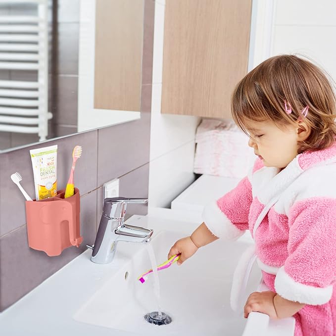 RyanLemon Elephant Toothbrush Holder for Toddler, Suction Cup Cute Toothbrush Holder for Kids, for Bathroom, with 3 Slots and 1 Hook, Watermelon Red