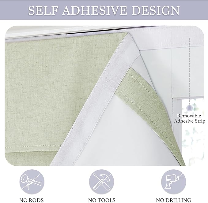RYB HOME 100% Blackout Door Window Curtains, Effortless Self-Ahensive Blinds Privacy Linen Textural Front Door Glass Window Curtain, W26 x L69, Light Sage, 1 Panel
