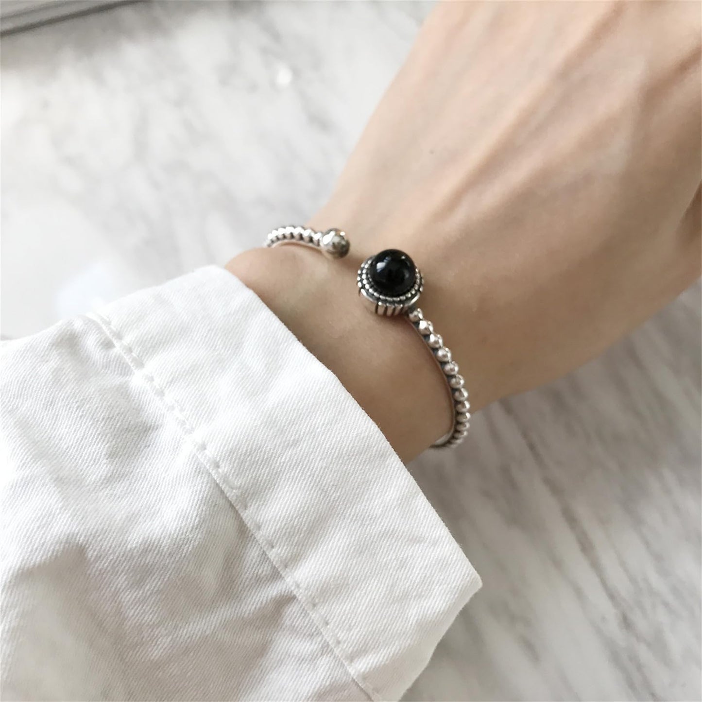 Handmade 925 Sterling Silver Bangle Bracelets For Women Natural Obsidian Bangle Bracelets Open Adjustable Cuff Bangles For Women Nature Stone Bangles Vintage Statement Cuff Bangles Jewelry Gifts