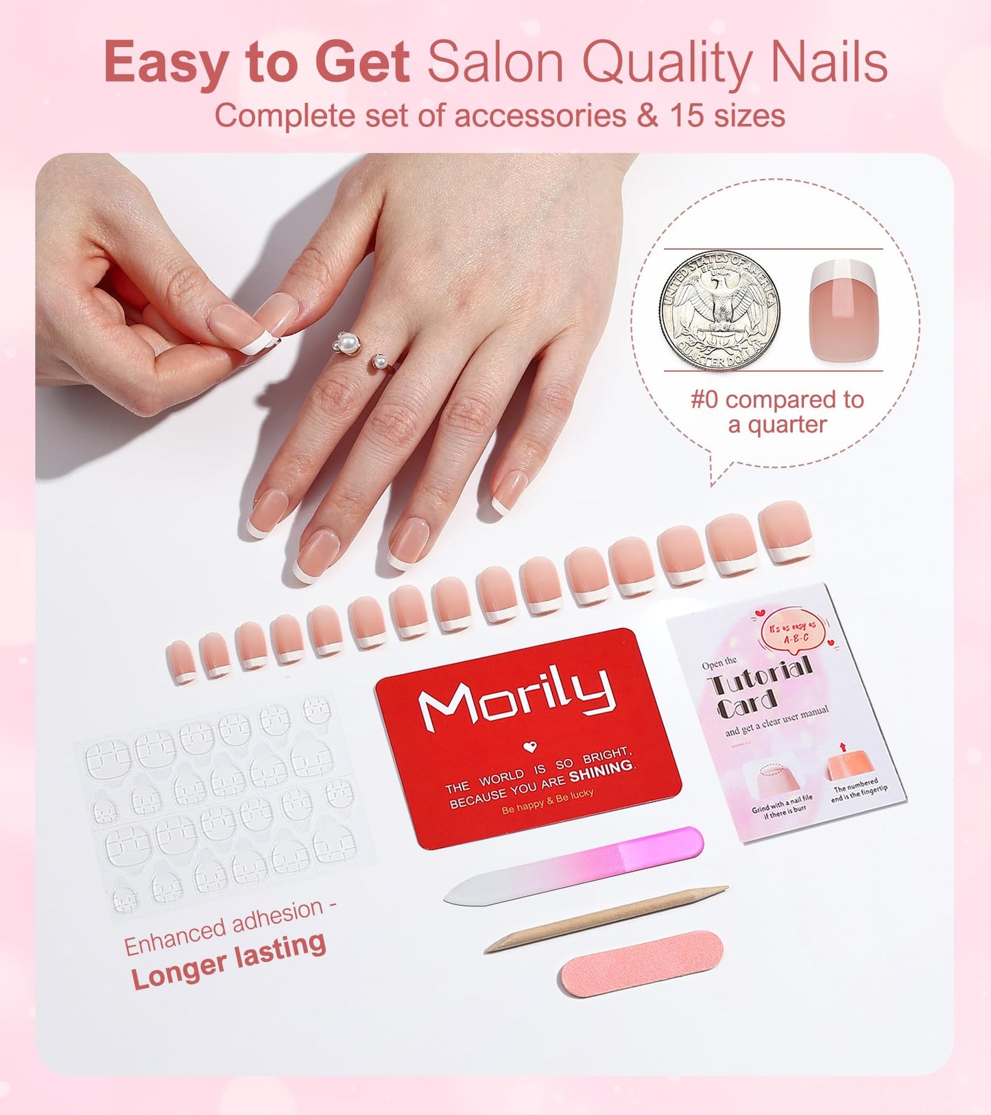 Morily Light Pink White French Tip Press on Nails - Medium Square Fake Nails Upgrade 15 Sizes Thicker False Nails with Designs Reusable Acrylic Stick on Nails for Women, 30 PCS, Include Glass File