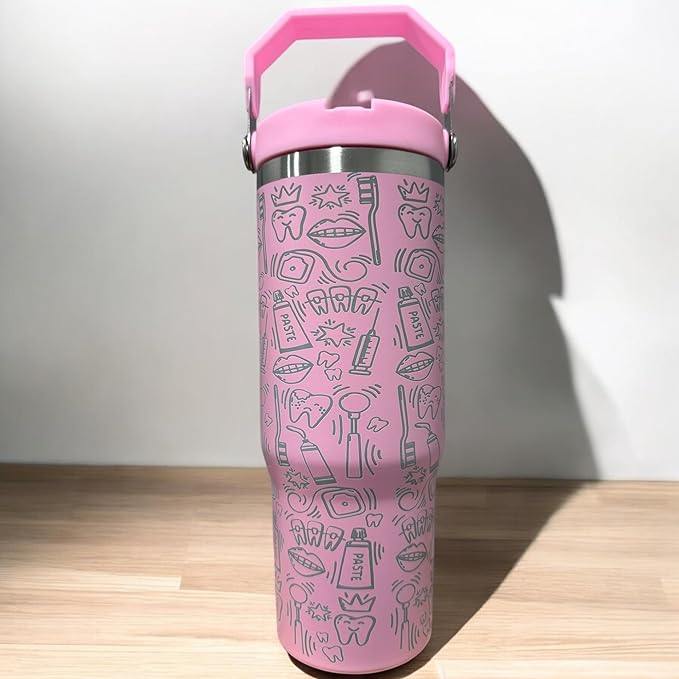 Dental hyginiest tumbler 40oz tumbler Tooth tumbler Dental water bottle Gift for dentist Gift for dental hyginiest Office gift (30oz Pink(63)-Dental(k))