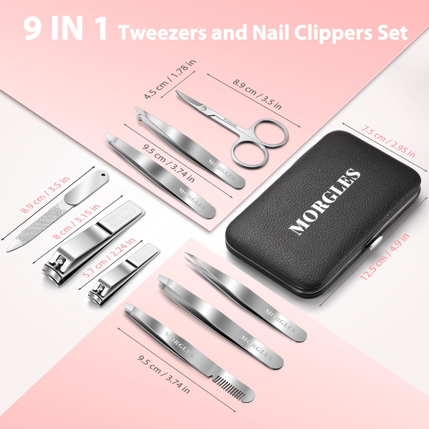 Tweezers and Nail Clipper Set with Case for Men Women, MORGLES 9 Pcs Professional Stainless Steel Tweezers No Gaps