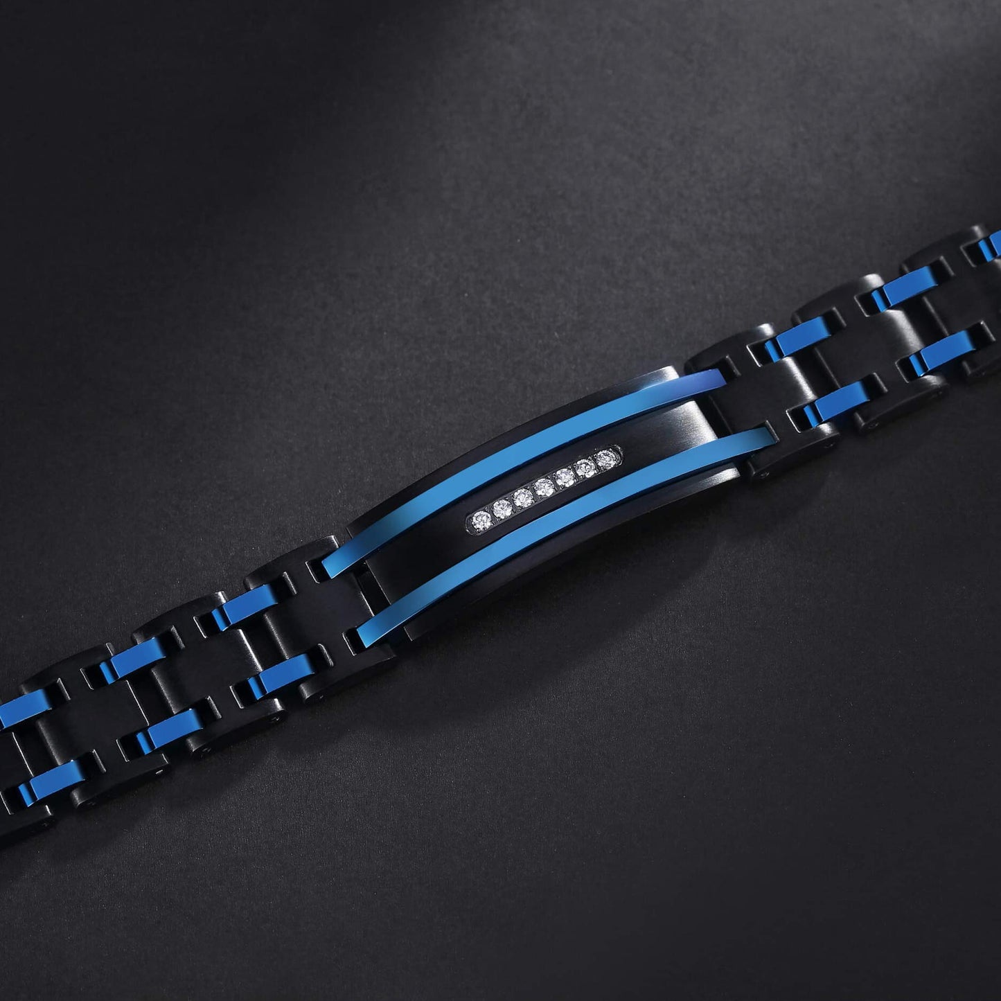 Zillaly Men's Stainless Steel Two-Tone Square Link diamond Bracelet in Black & Blue Ion-Plated Black (Black & Blue & Diamond)
