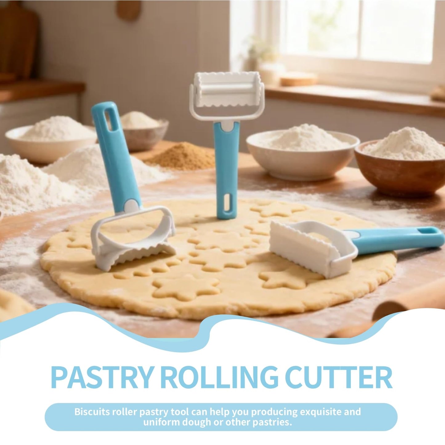 3PCS Pastry Rolling Cutter, Rolling Cookie Cutter Plastic Dough Blade Roller Round Roller Fondant Slicer Baking Accessory for Cake Cookies Biscuits