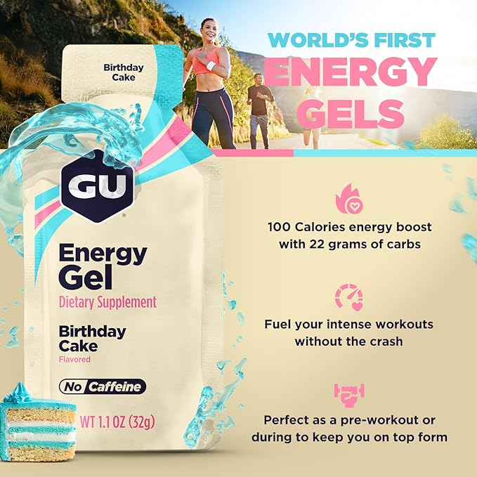 GU Energy Original Sports Nutrition Energy Gel, Vegan, Gluten-Free, Kosher, and Dairy-Free On-the-Go Energy for Any Workout, 24-Count, Birthday Cake