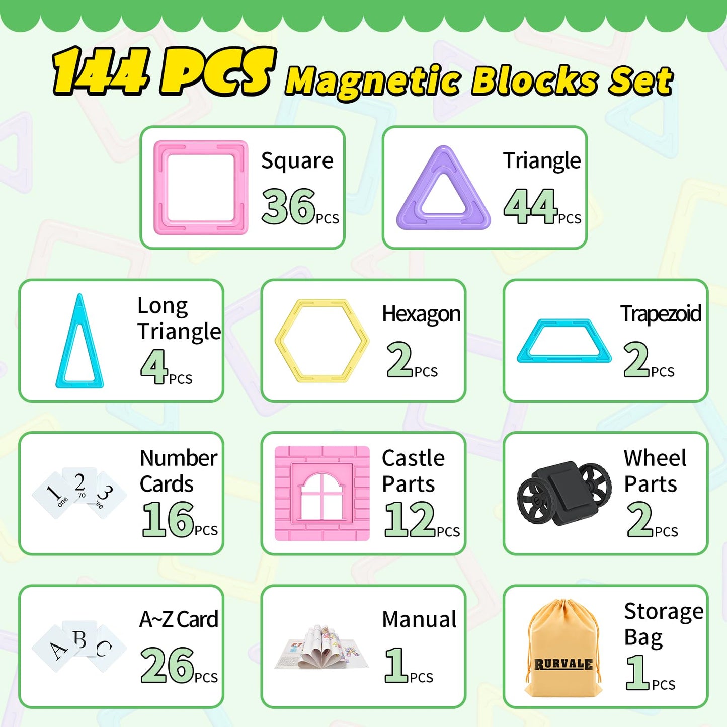 Rurvale 144pcs Magnetic Blocks Kids Toys