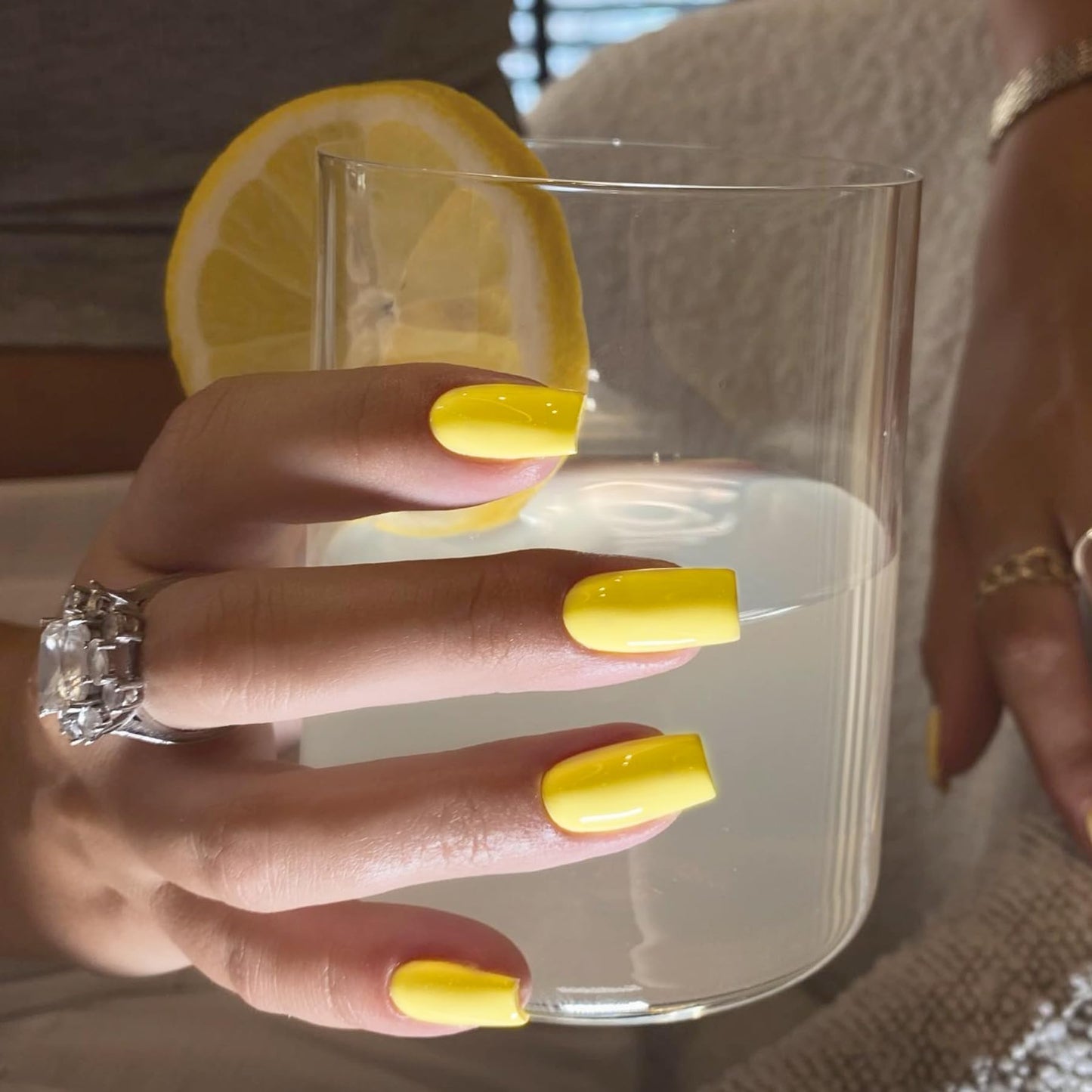 KQueenest Yellow Press On Nails Long Medium Coffin Gloss Bright Solid Color Full Cover Long Medium Fake Nails For Women, Thick Acrylic Glue on Nails for Daily Wear, 24 Pcs