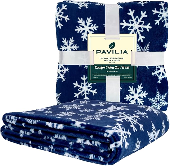 PAVILIA Christmas Throw Blanket | Navy Snowflake Christmas Fleece Blanket | Soft, Plush, Warm Winter Cabin Throw, Twin 60x80 (Navy/White Snowflake)