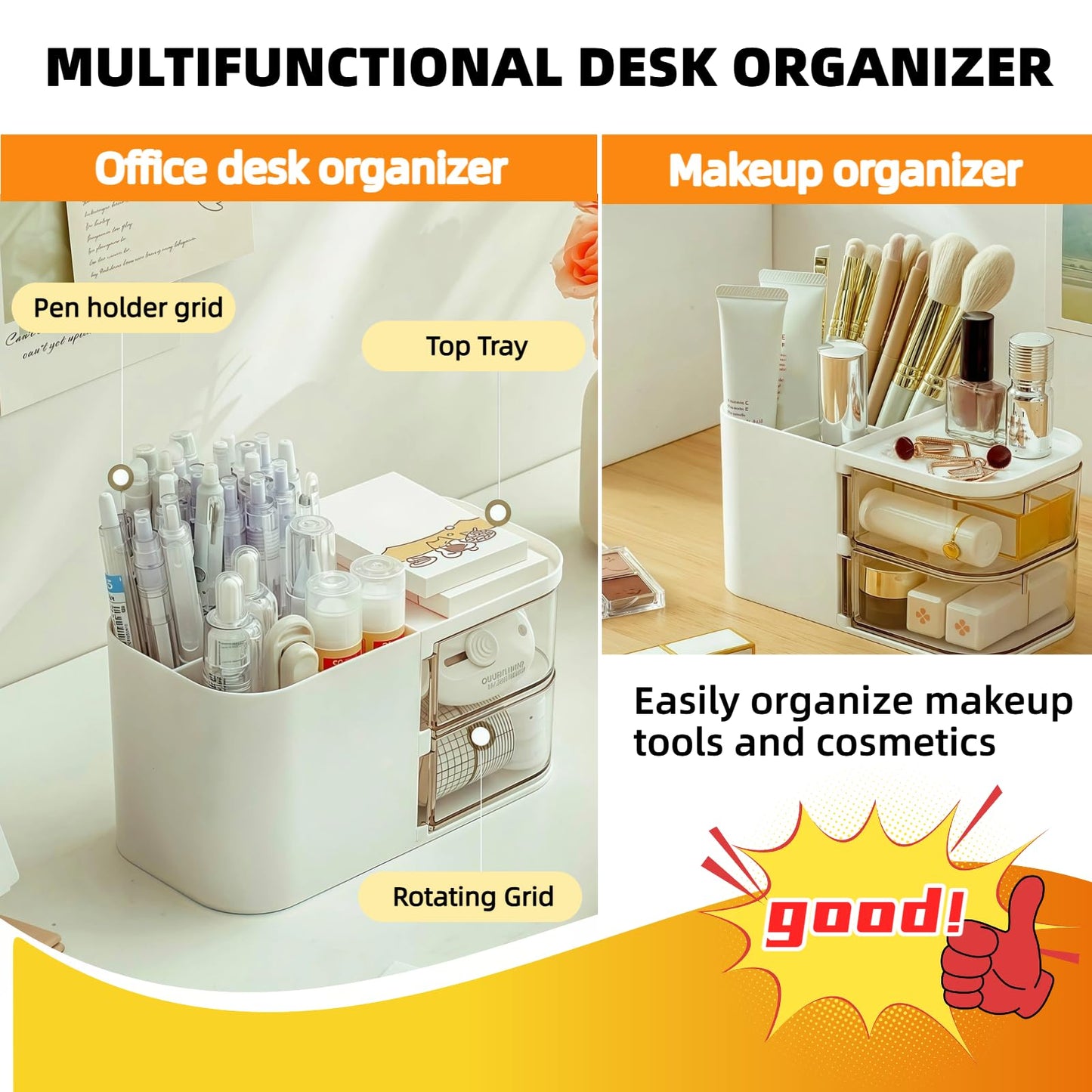 SHUTKMVCW Desk Organizer with 3 Compartments and 2 Drawers, Multi-Functional Pencil Holder for Desk Organizers and Accessories for School, Home, Office Supplies, ‎6.89" x3.54" x 3.62''