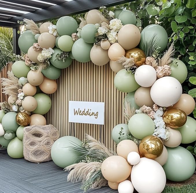 Dusty Green & White Gold Balloon Arch Kit, Double Stuffed – Sage Green, Sand White, Beige, Olive & Metallic Latex Balloons for Baby Shower, Bridal & Wedding