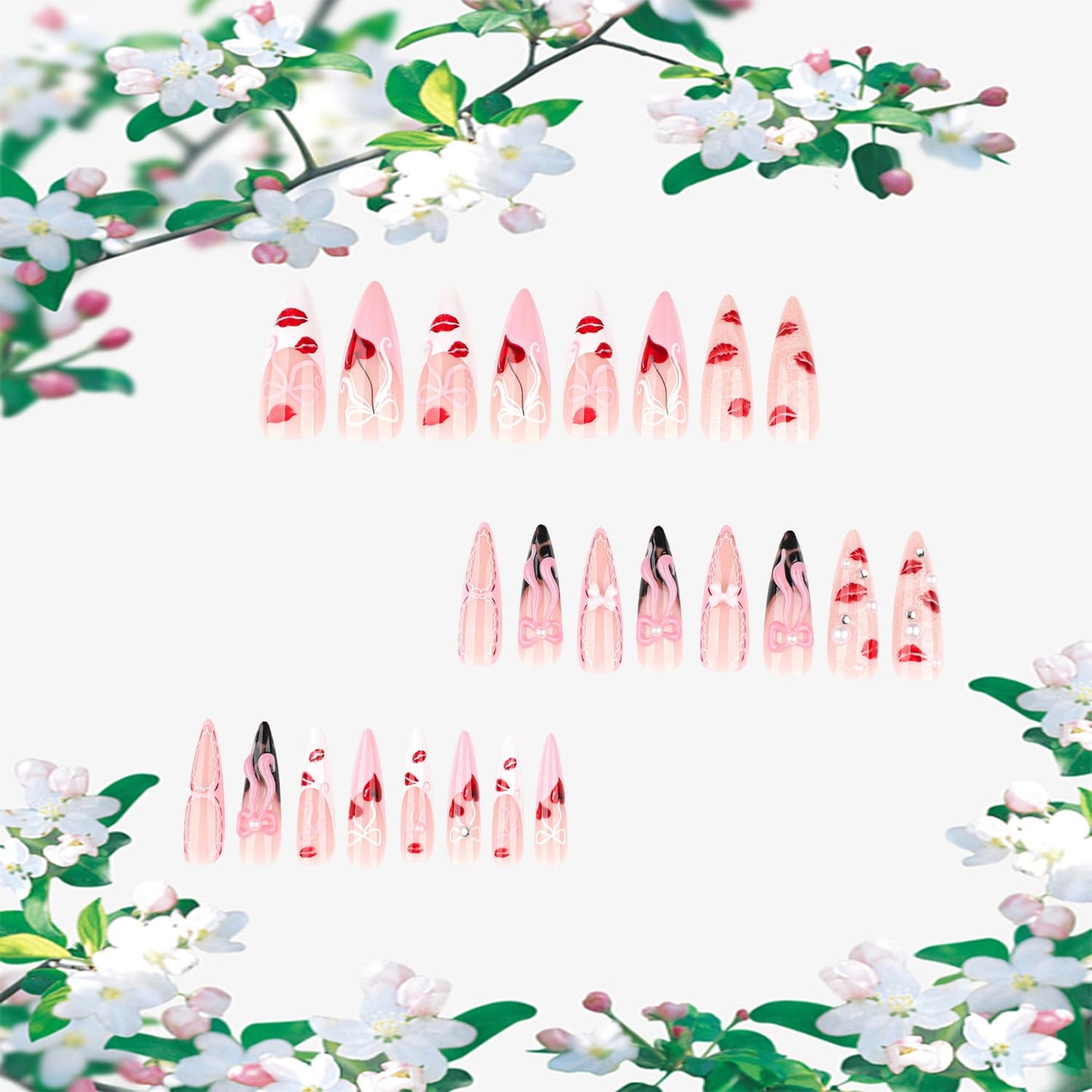 Nude Pink Press on Nails Almond Shaped Artificial Acrylic French Fake Nails 3D Bow with Red Lip Print Pearl Long Design Stick on Nail Glossy Glue on Nail Artificial Fingernails for Women Manicure