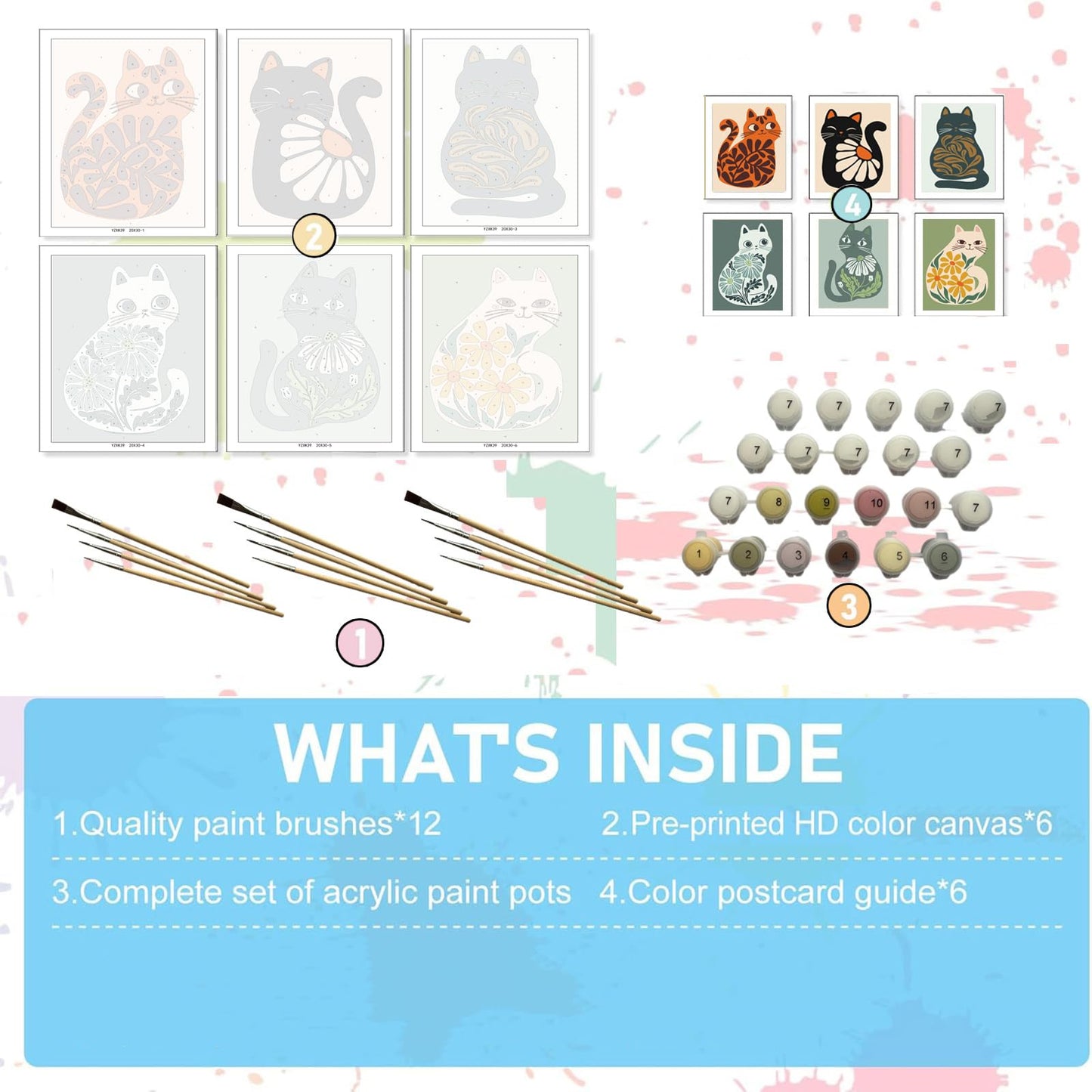 Jethami 6 Pack Paint by Numbers Kit for Adults Beginner, Easy Cute Cat DIY Painting Canvas Art Kit for Home Wall Decor 8x12 in
