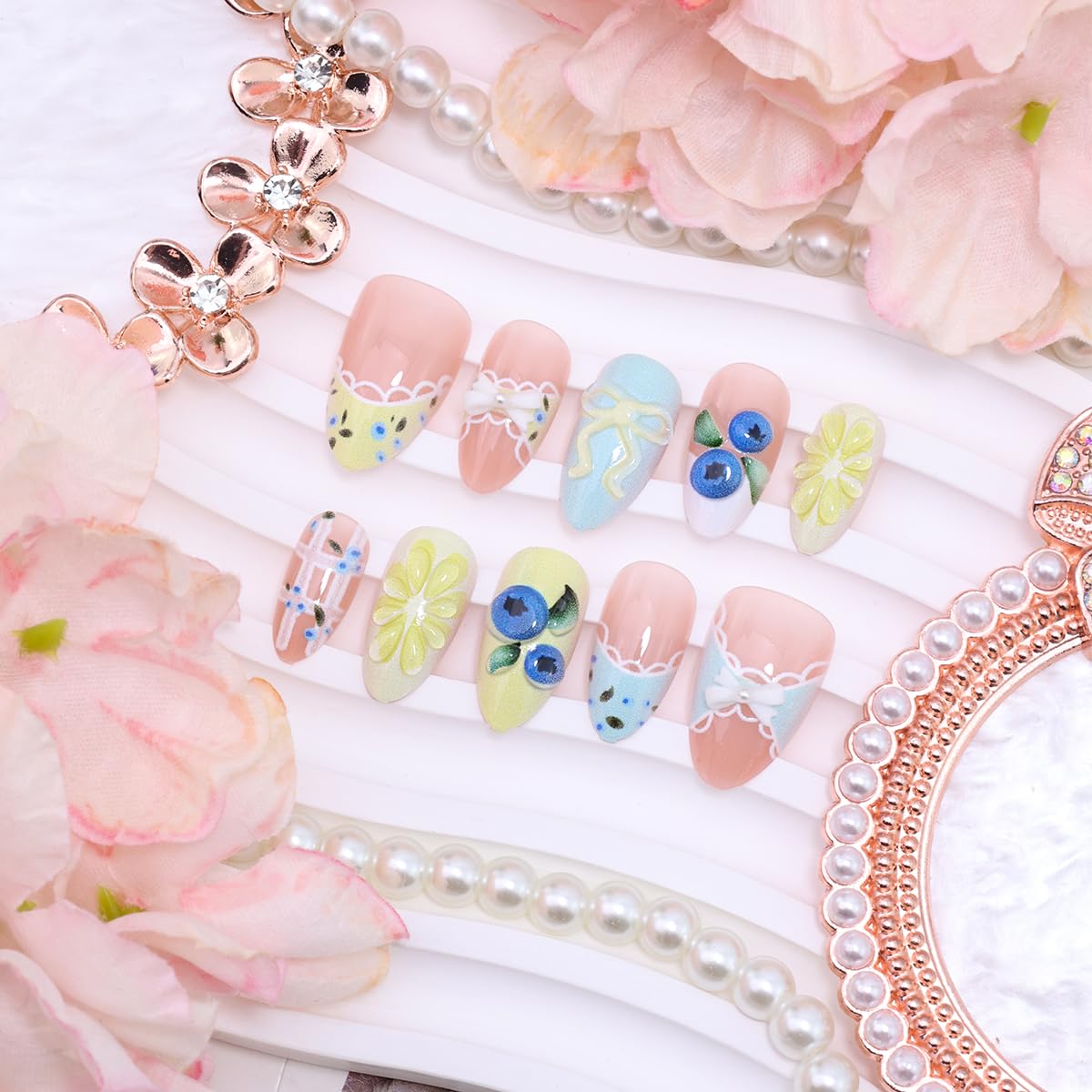30Pcs Spring French Tip Press On Nails Short Almond Shape 3D Lemon Blueberry Bow Fake Nails Reusable Acrylic False Nails Cute Summer Fruit Themed Stick on Nails for Women DIY Acrylic Nails Kit
