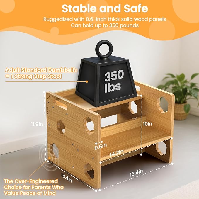 Kesswin Step Stool for Kids, Wooden Toddler Step Stool 300 lbs Capacity with Safety Non-Slip Pads and Handles, Height-Adjustable 2-Stepping Stool for Kitchen, Bathroom Sink, Bedroom