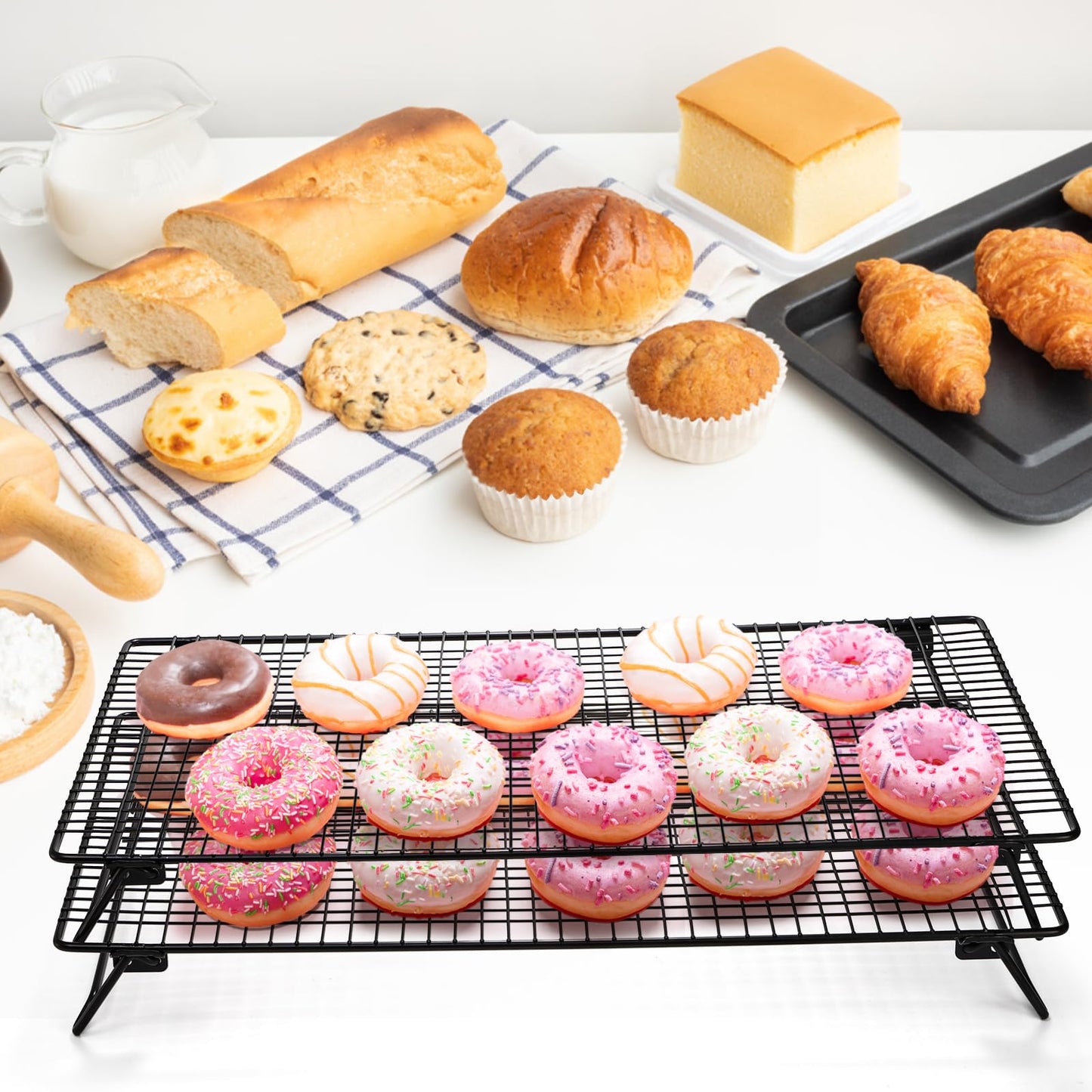 Kingrol 2-Piece Cooling Rack with Collapsible Folding Legs - for Cooking, Roasting, Drying, Grilling (Black)