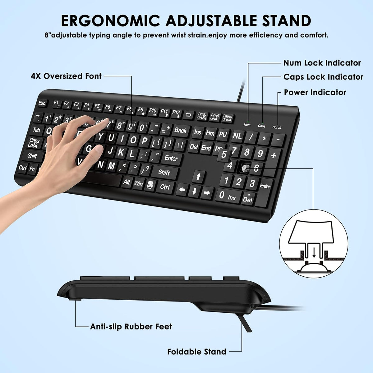 Large Print Computer Keyboard, Wired USB Full Size Quiet Keyboard with 4X Oversized Print Letters for Visually Impaired Low Vision Individuals Easy to See and Type for PC, Laptop,Windows