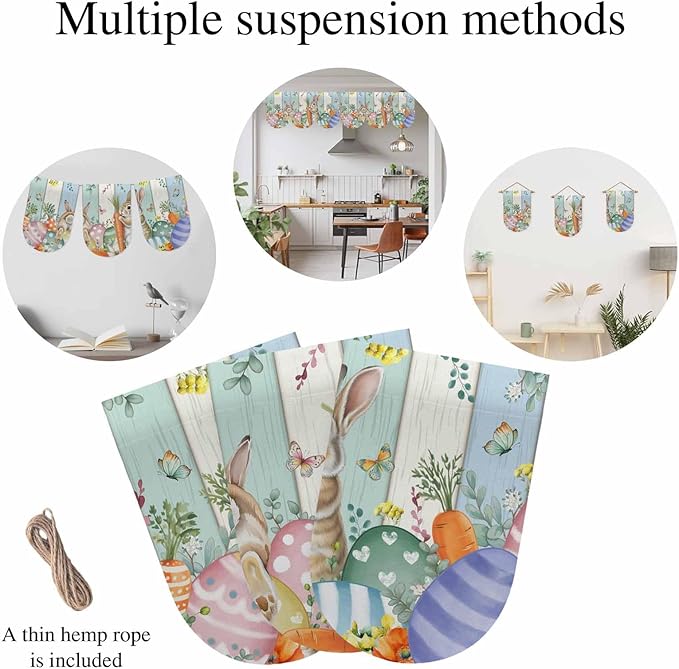 Easter Banner 3Pcs Indoor Outdoor Hanging Banner Flag Spring Rabbit Eucalyptus Leaves Eggs Wooden Sign for Fireplace Mantel Decorative Bunting Garland Valance for Shop Door Mantle Decor 9.8"x15.8"