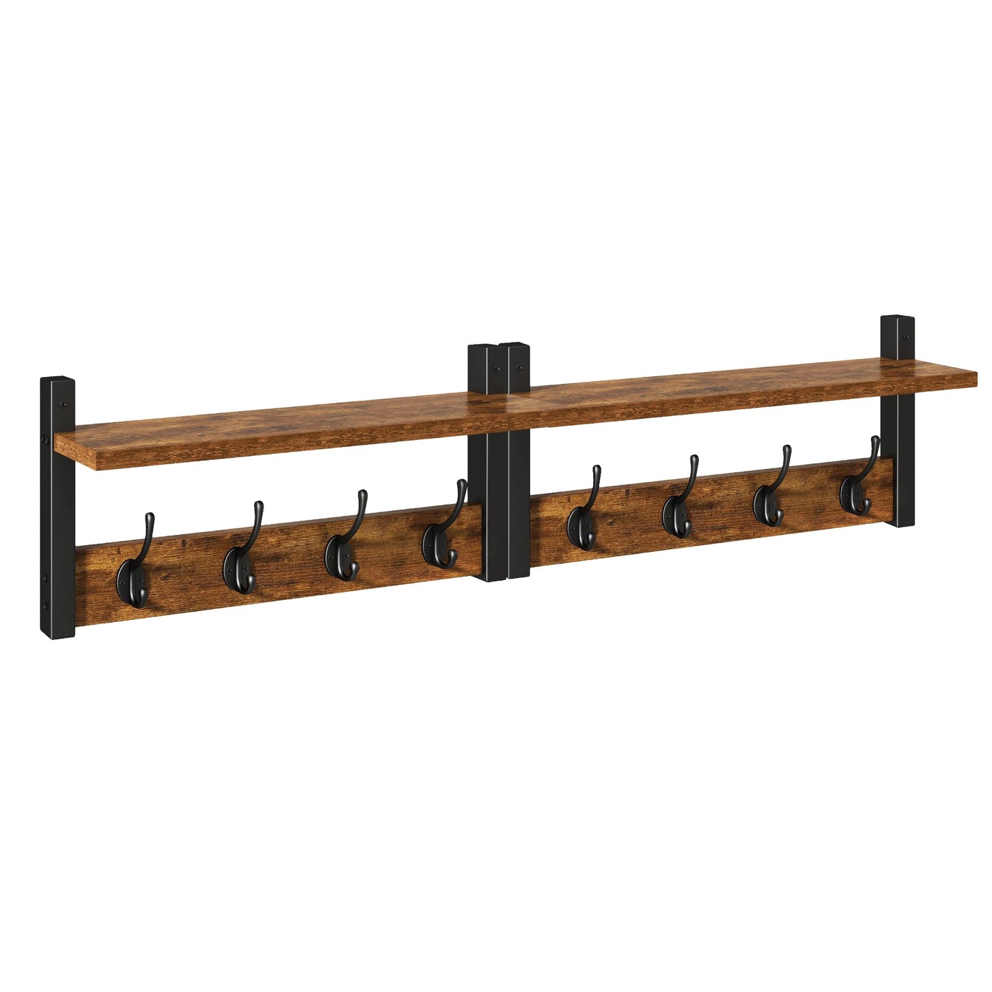 YMYNY Coat Rack Shelf Wall Mounted, Coat Hooks Set of 2, Entryway Coat Hanger with 8 Hooks, 31.5" Wall Floating Shelf with Hat Rack, for Kitchen, Bedroom, Bathroom, Rustic Brown UHWS001H-2