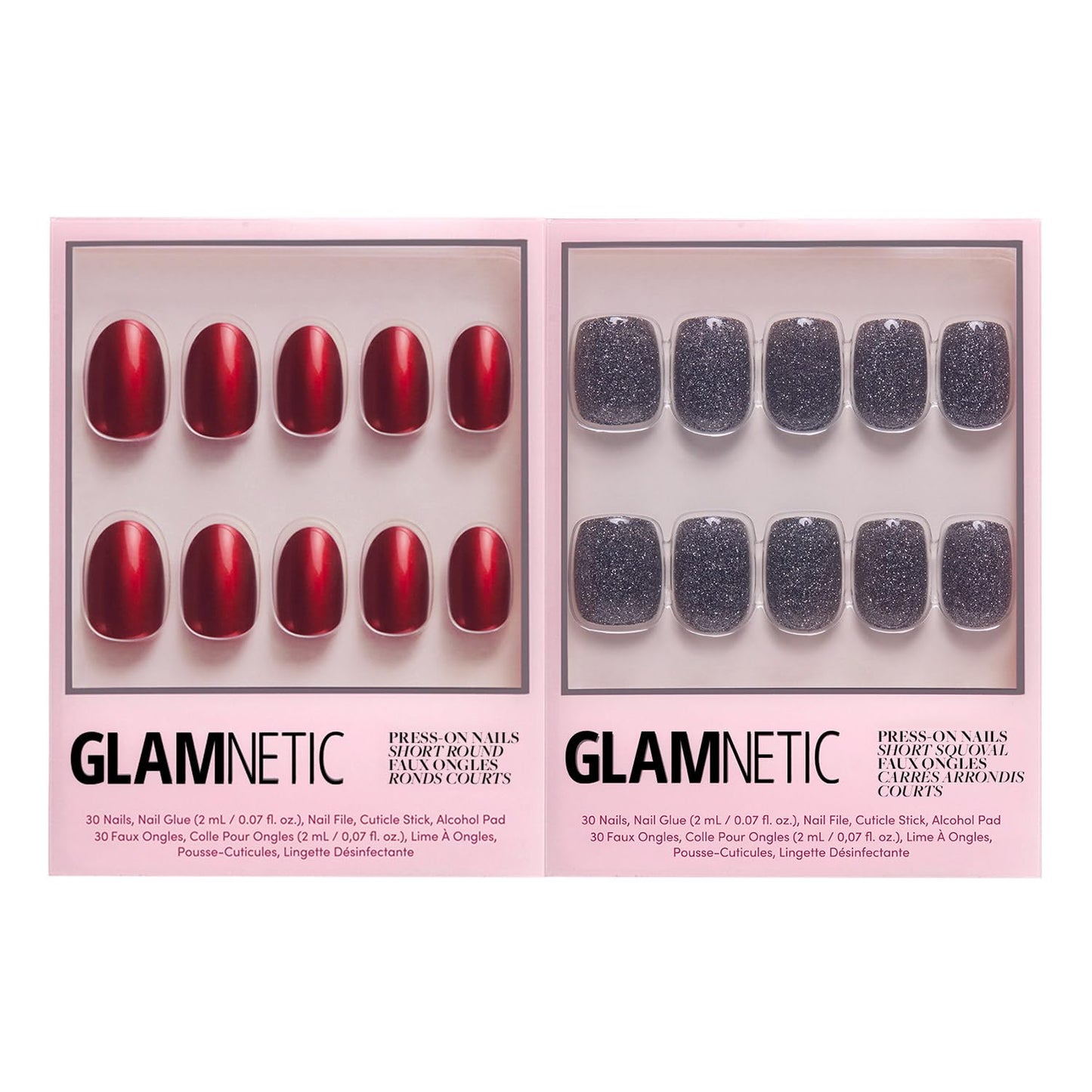Glamnetic Press-On Nails Bundle - Cherry Glaze & Cosmic | Glazed Short Round Cherry Red Nails | Glossy Sparkly Black Short Squoval Fake Nails | Reusable Nail Kits