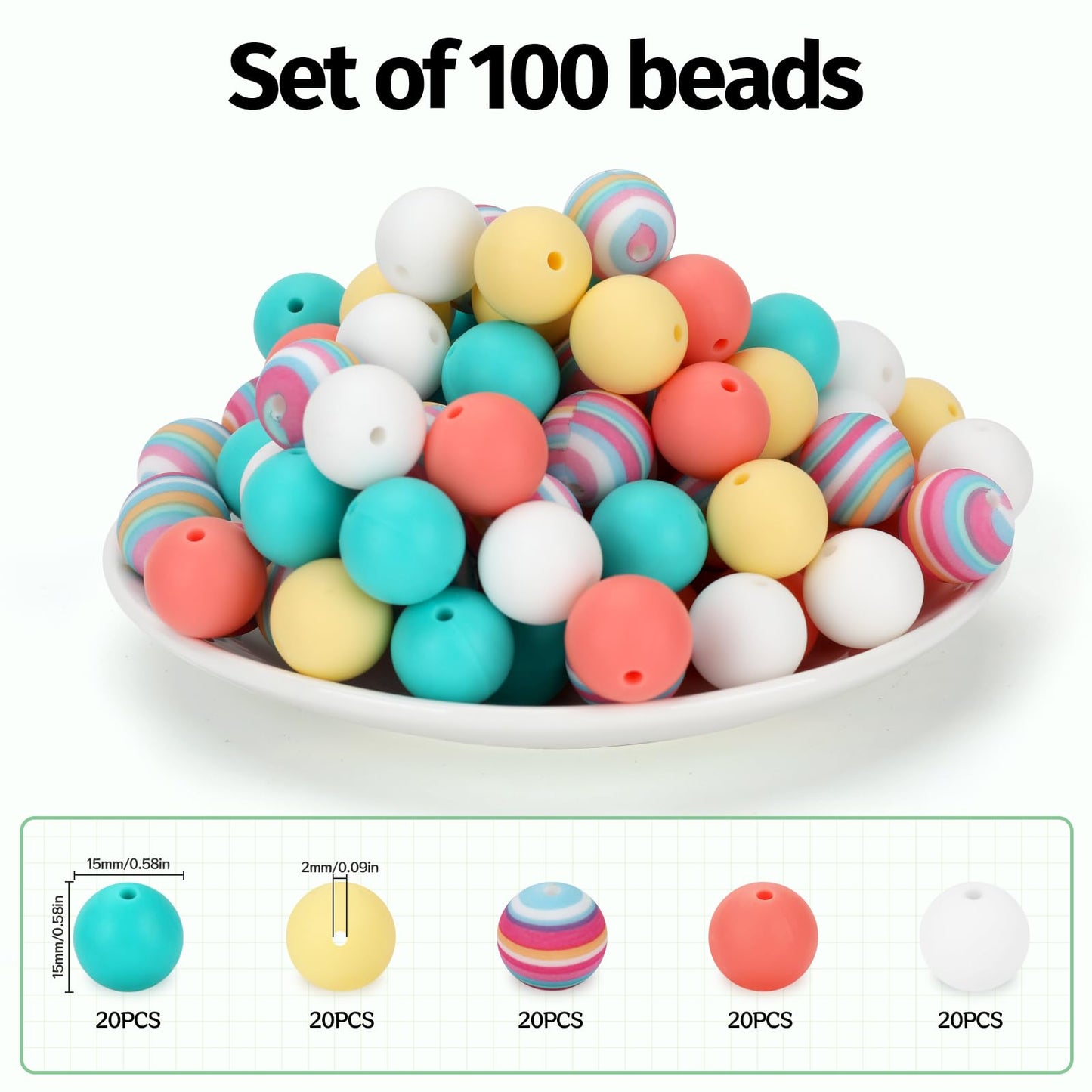 SALUOKE 100 Pcs 15mm Silicone Beads for Keychain Making, Pink Gream Silicone Beads Bulk Round for Bracelets Pens Crafts Jewelry Making (Rainbow)