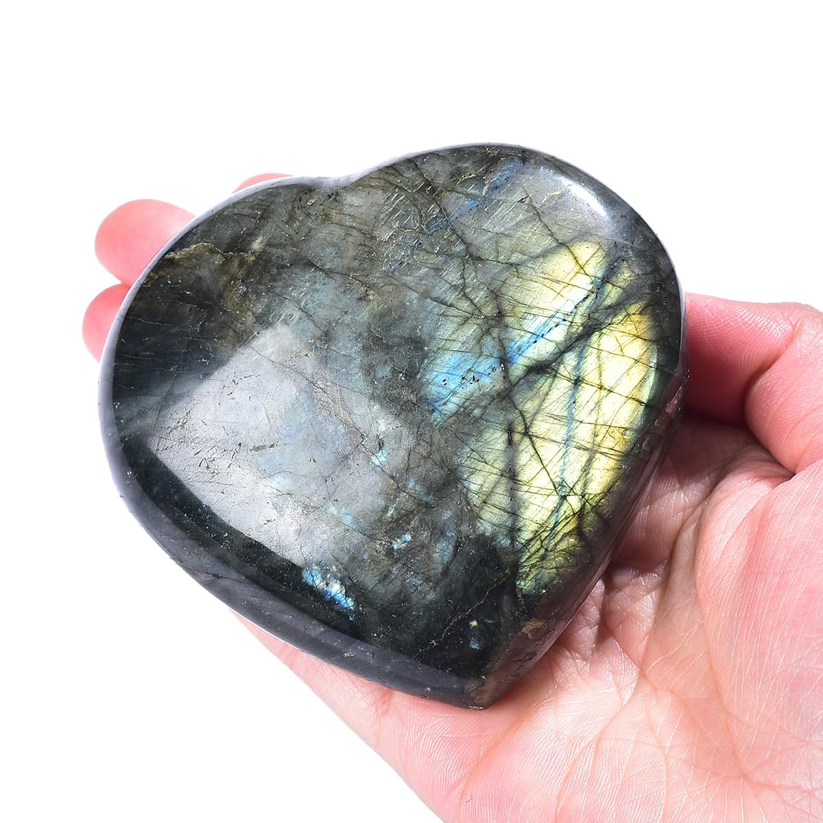 MOGEMT 80-90mm Labradorite Heart Crystal Large Palm Worry Stone Natural Reiki Healing Crystal Gemstone Gift 1 Pc