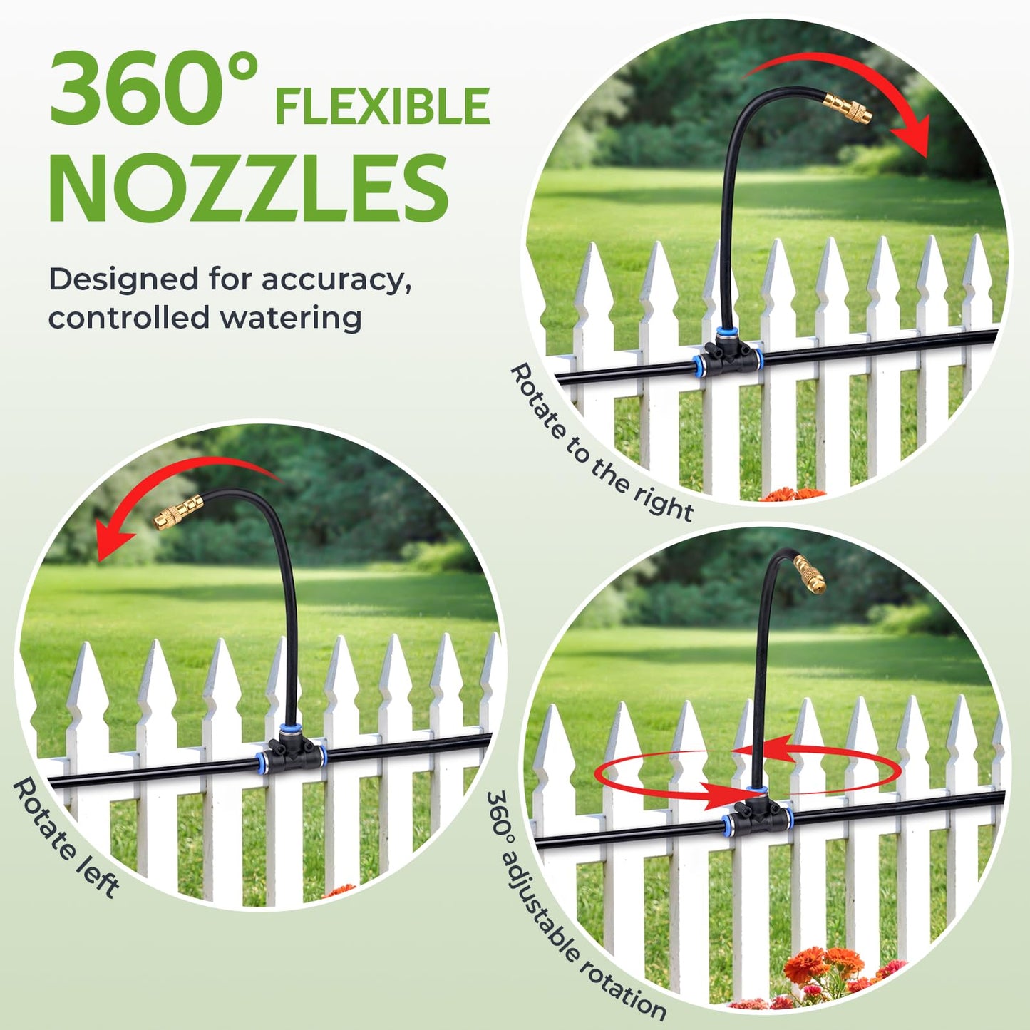 HIRALIY 360° Adjustable Drip Irrigation System 100FT, 1/4" Tubing with Adjustable Copper Nozzles, Automatic Atomizing Watering Kit for Garden, Yard, Lawn, Greenhouse & Potted Plants