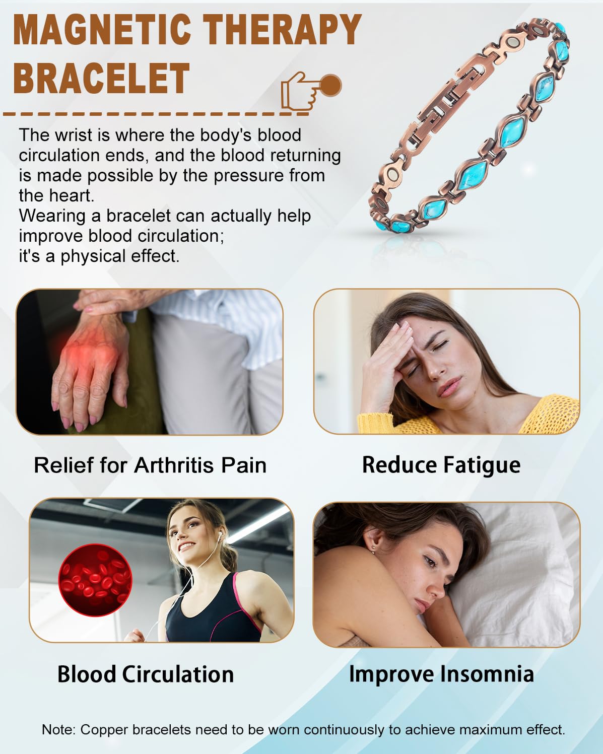 EnerCoppeX Copper Magnetic Bracelet for Women - Turquoize Detox Jewelry with 3500 Gauss Magnet (E)