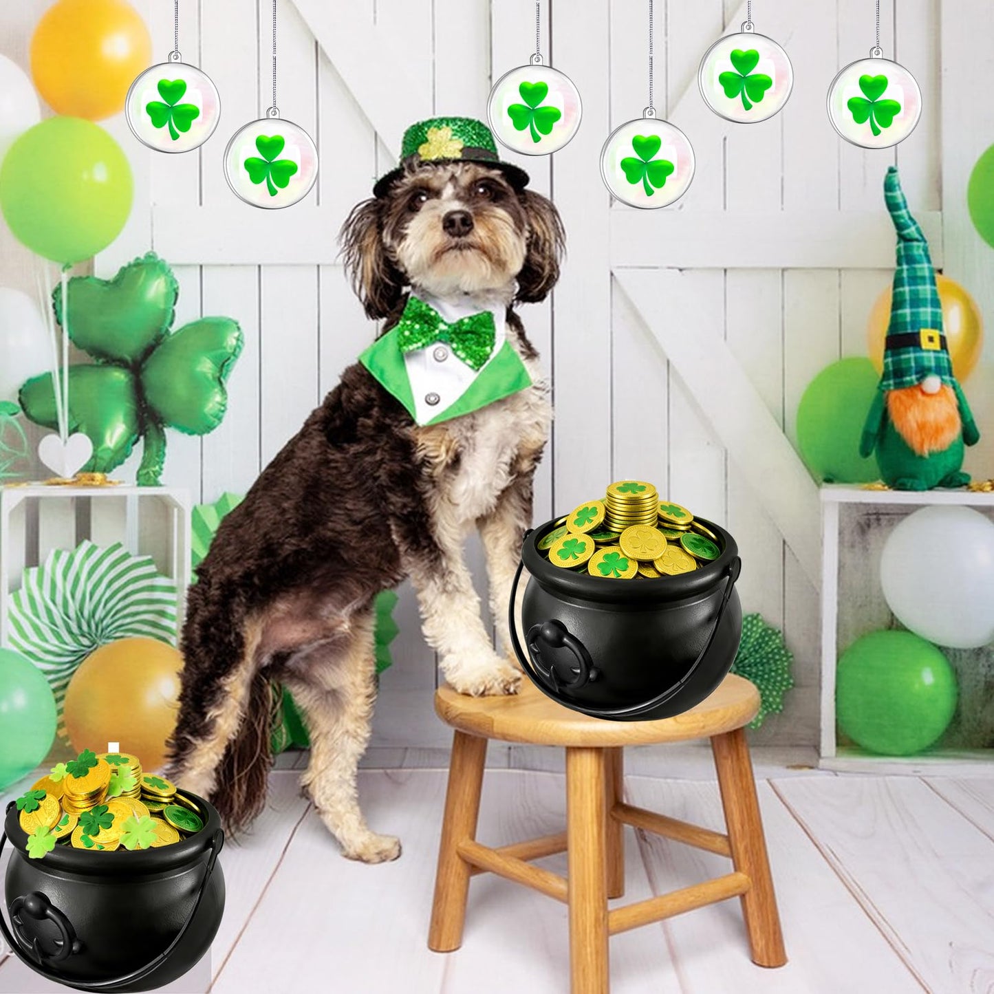 Blvochnnt 109oz St Patricks Cauldron Set,Portable Witch Candy Pot Bucket for Gold Decoration Halloween Trick or Treat Party Supplies with 70MM Clear Plastic Balls NO COINS INSIDE