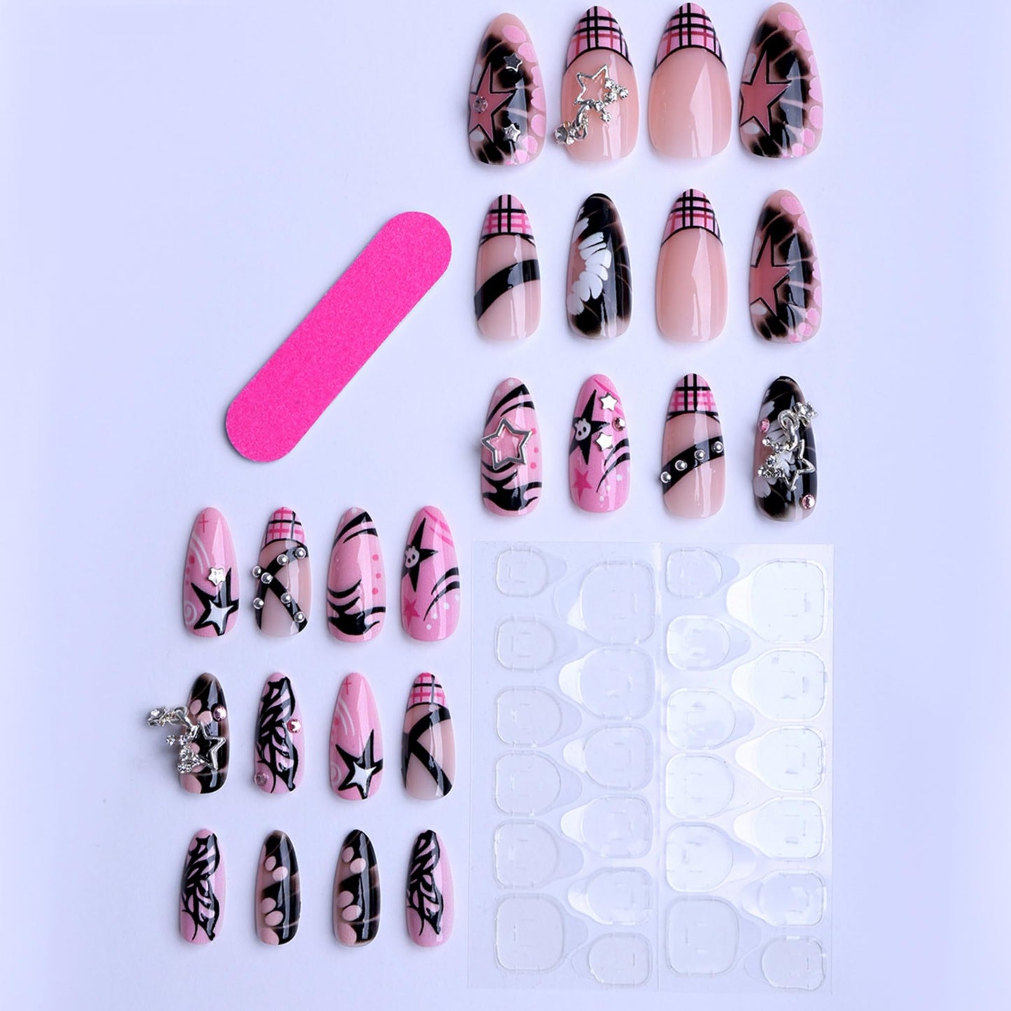 SEENEEY Almond Press on Nails Medium Fake Nails Pink Artificial Nail Stars and Rhinestones Designs Stick on Nail for Women 24pcs