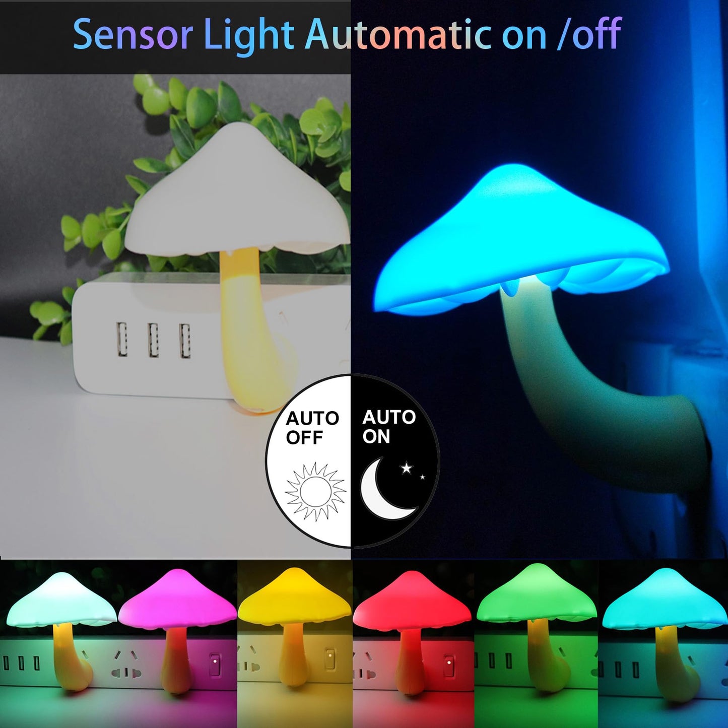 AUSAYE 2 Pack LED Cute Mushroom Night Light Plug into Wall Lamp 7-Color Changing Sensor Night Lights for Kids Adults Bedroom,Bathroom,Kitchen and Stairs NightLight Birthday Christmas Gifts
