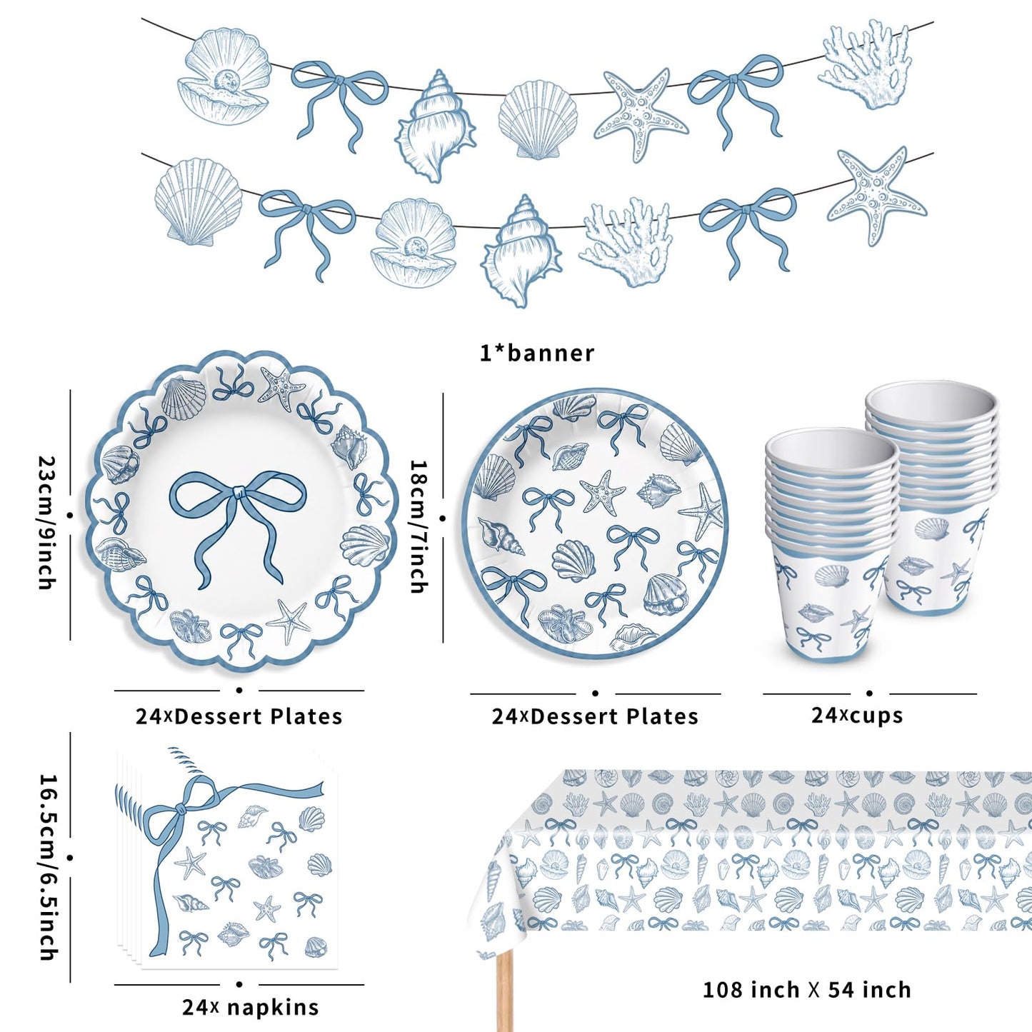 Seashell Party Decorations Ocean Sea shell Party Plates Supplies Blue Bow Seashell Paper Plates Napkins Tablecloth for The Summer I Turned Pretty Party Decorations, Serves 24