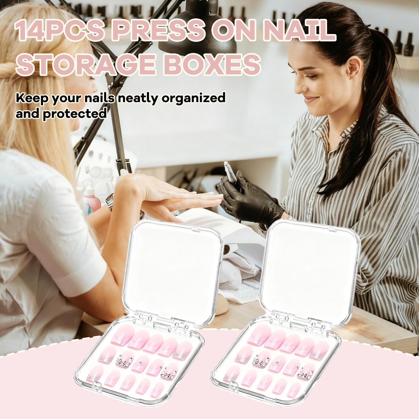 BMHHWAI 14Pcs Press On Nail Storage Box with 60Pcs Adhesive Double Sided Tape, Press on Nail Packaging Supplies False Nails Display Cases Boxes for Nail Art Salon Business(Clear)