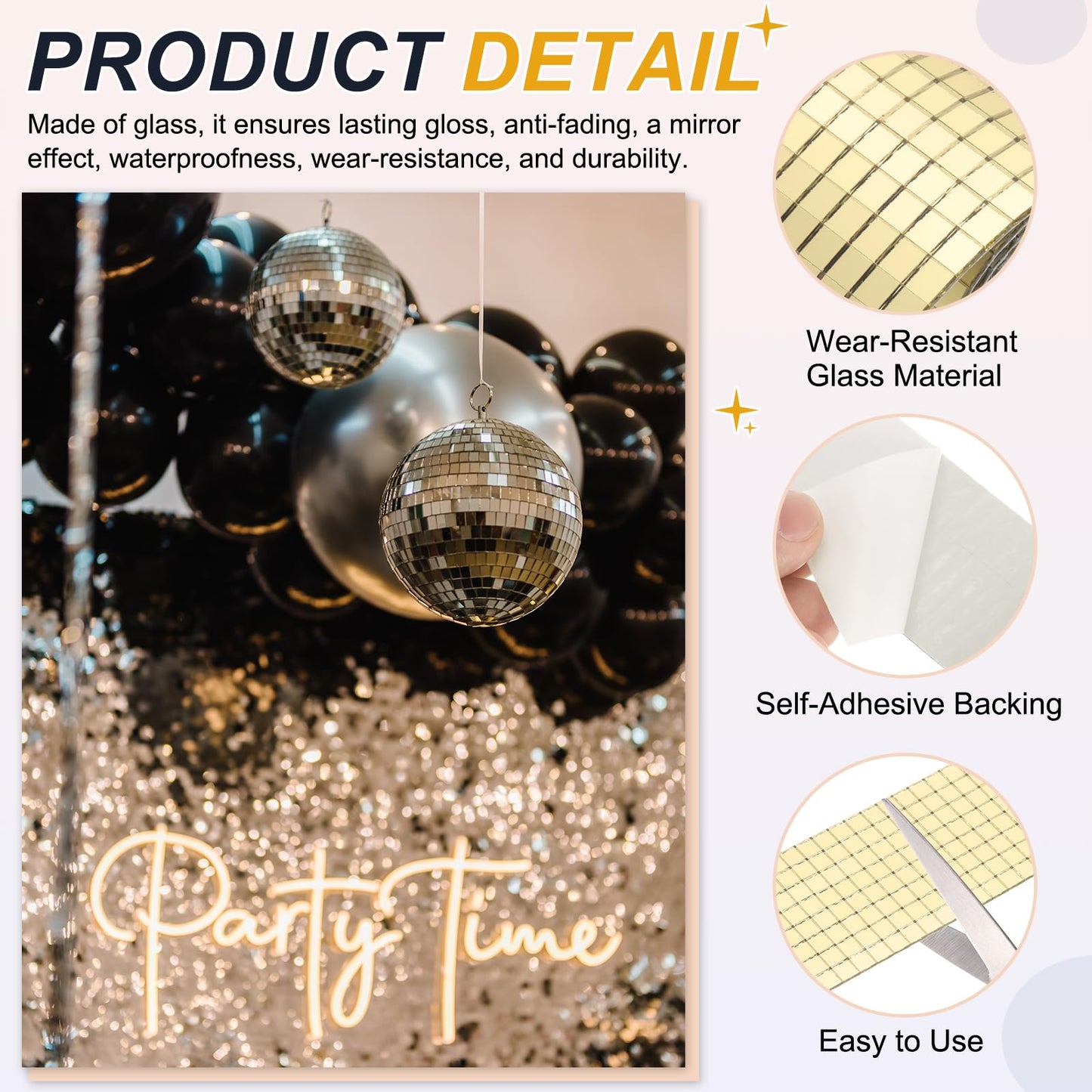 PATIKIL 5x5mm Self Adhesive Mirrors Mosaic Tiles, 3840 Pcs Square Mini Glass Mosaic Disco Tile Sticker for DIY Craft Disco Ball Party Decoration, Gold Tone