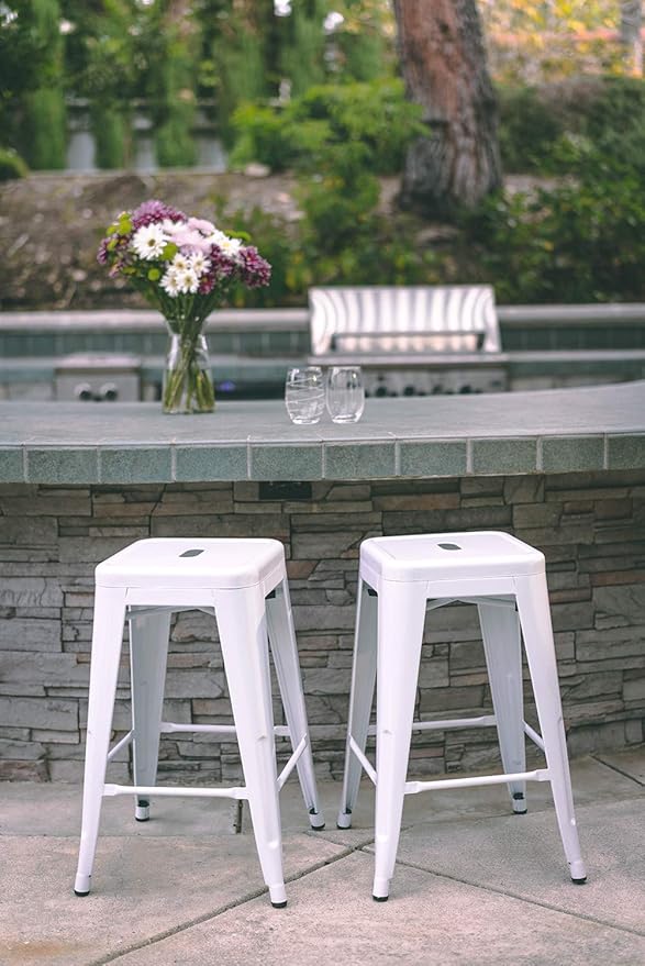 Vogue Furniture Direct 24" High Bar Stools Backless White Metal Barstools Indoor-Outdoor Counter Height Stools with Square Seat, Set of 2 - VF1571004