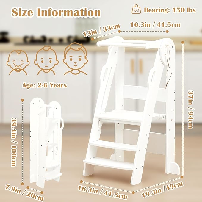FUNLIO Foldable Kitchen Step Stool for Kids 2-6 Years, Montessori Step Stool, 3-Level Height Adjustable Standing Tower, Easy to Assemble, CPC & CE, White