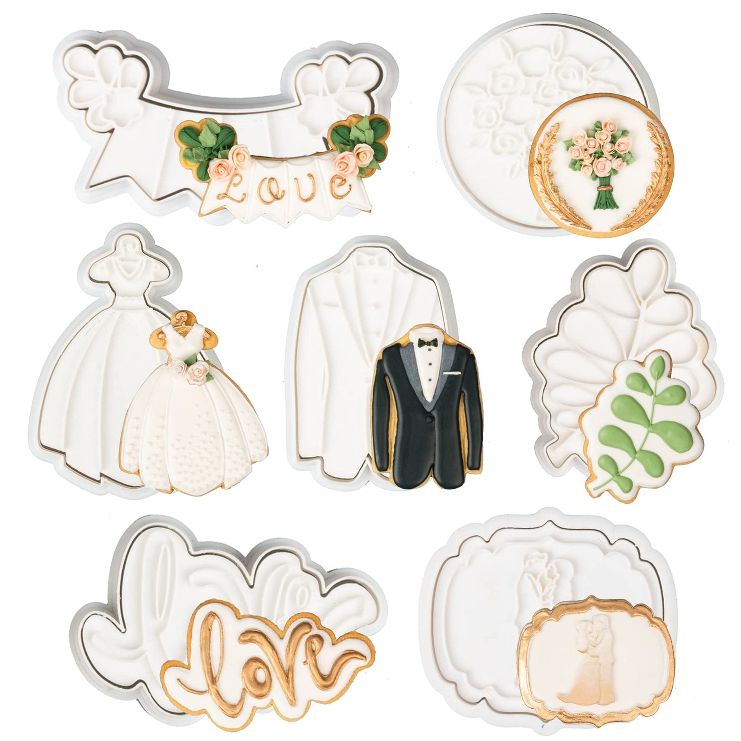 Flycalf Love Cookie Cutters Set of 7 with Plunger Stamps Holiday Gifts Baking Cake PLA Kitchen Diamond Love Ring Shapes for Kids 3" Mold Supplies Biscuit Tools