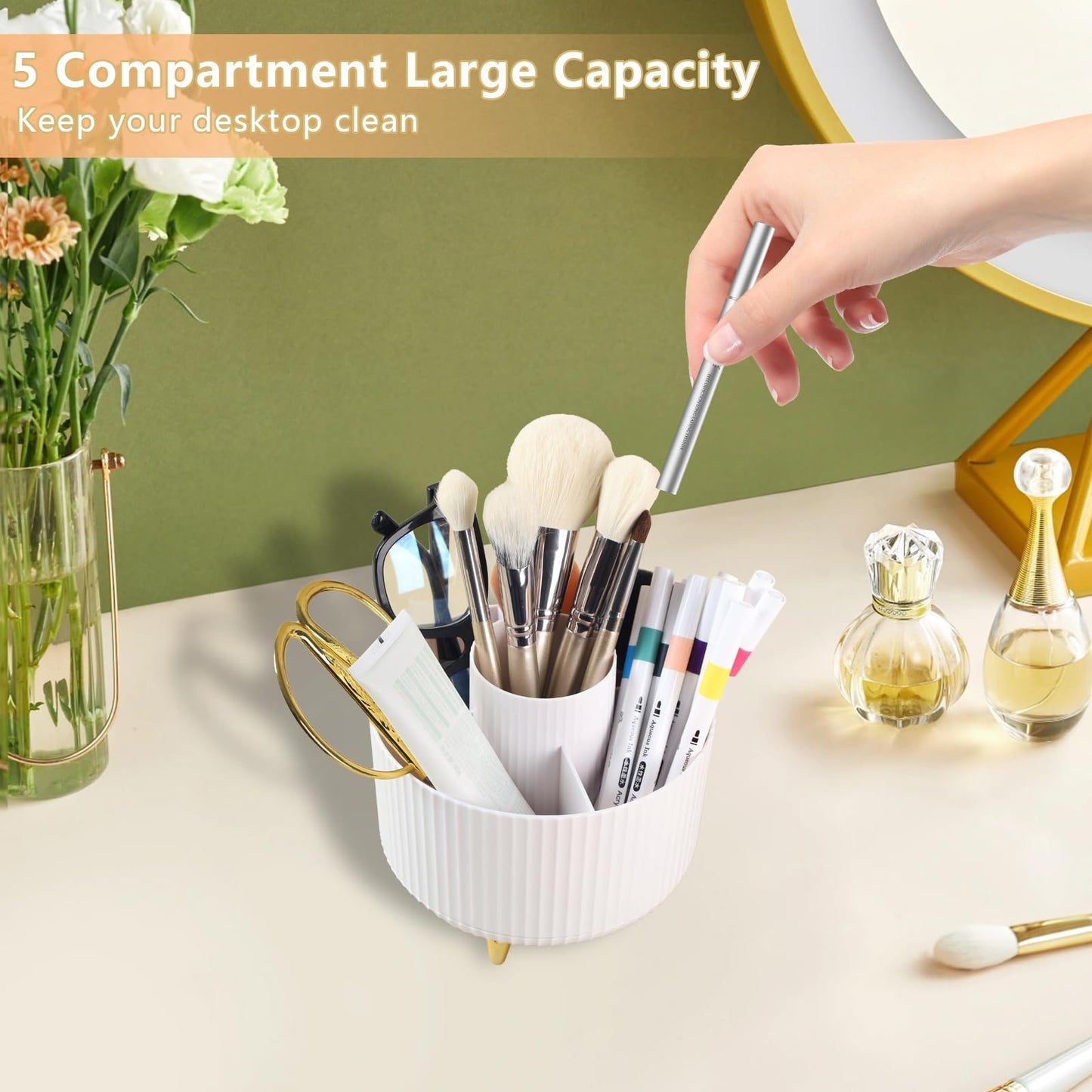 Desk Organizer Pen Holder, 5 Slots 360-Degree Spinning Pencil Organizers, Pencil Cups Desktop Storage Stationery Supplies for Office School Home,White