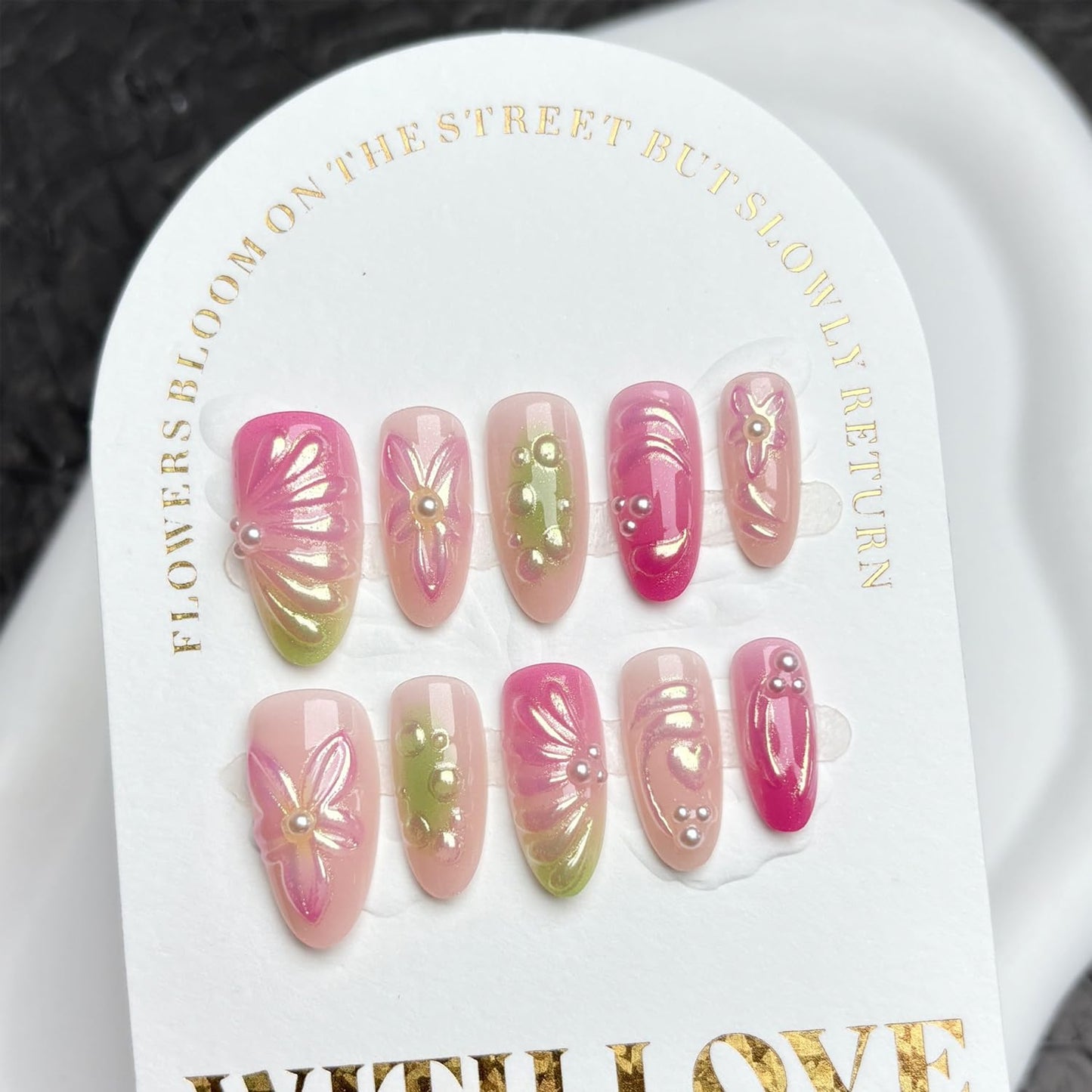 30pcs Pink Gradual Press on Nails Medium Almond Fake Nails Manicure Pressed on Designer's Handmade 3D Colorful Summer Flower Relief Design Pearl False Nail Glitter Stick on Nails for Women