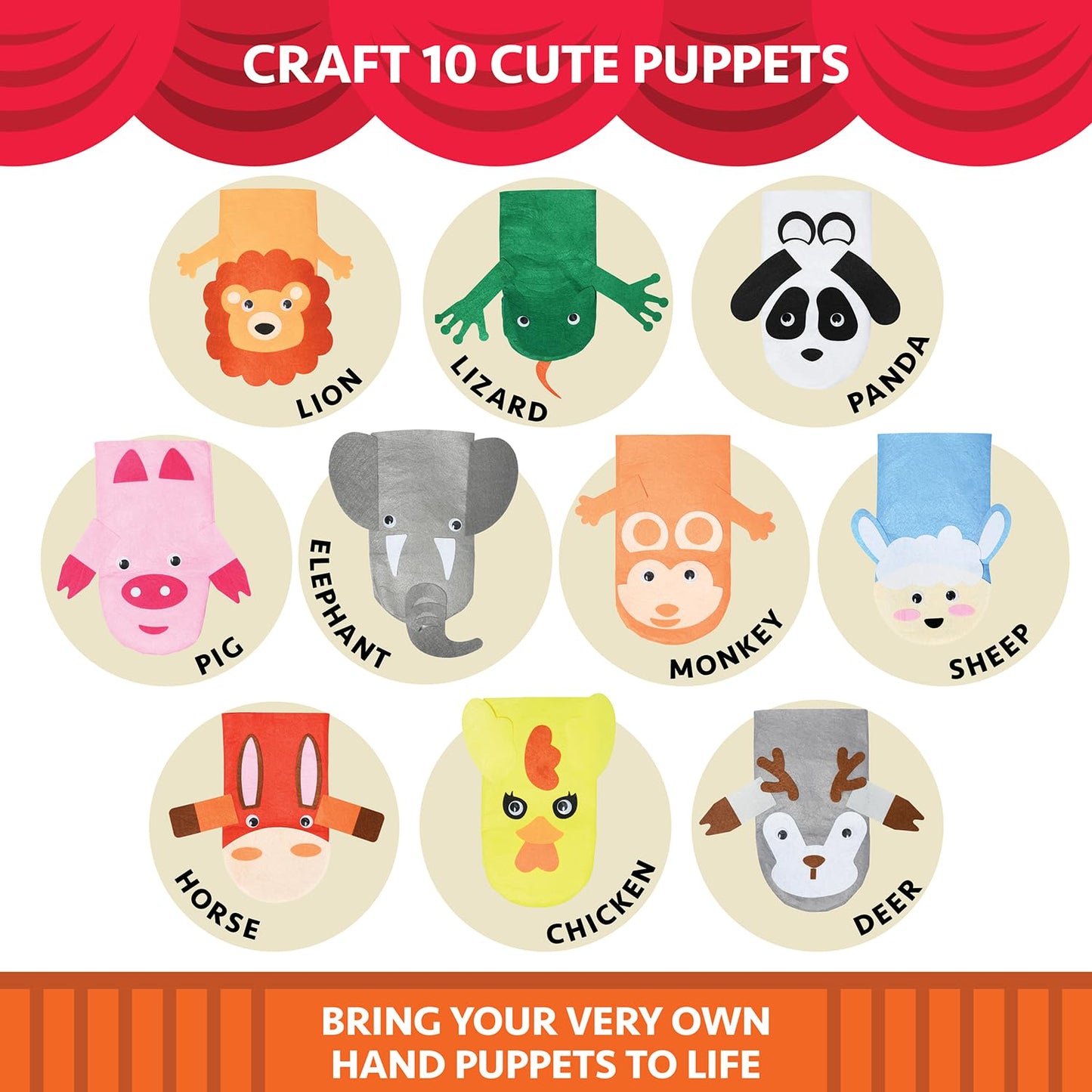 Hand Puppet Kit – Make Your Own Animal Characters, 10 Felt Pieces, Simple Step-by-Step Instructions, Arts & Crafts Activity for Kids, Role Play & Storytelling Birthday Gift