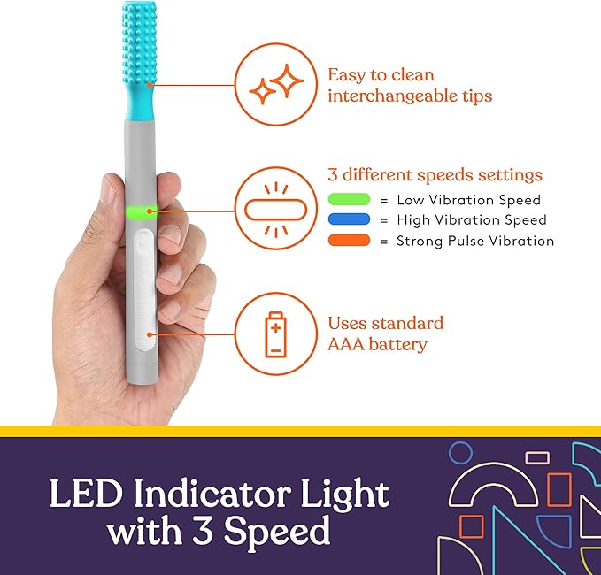 Special Supplies Buzz Buddy Oral Motor Stimulation kit with 6 Soft Textured Interchangeable Heads, Calm Sensory Needs, Support Speech, and Stimulate Self Feeding, Gentle Vibrations (Grey)