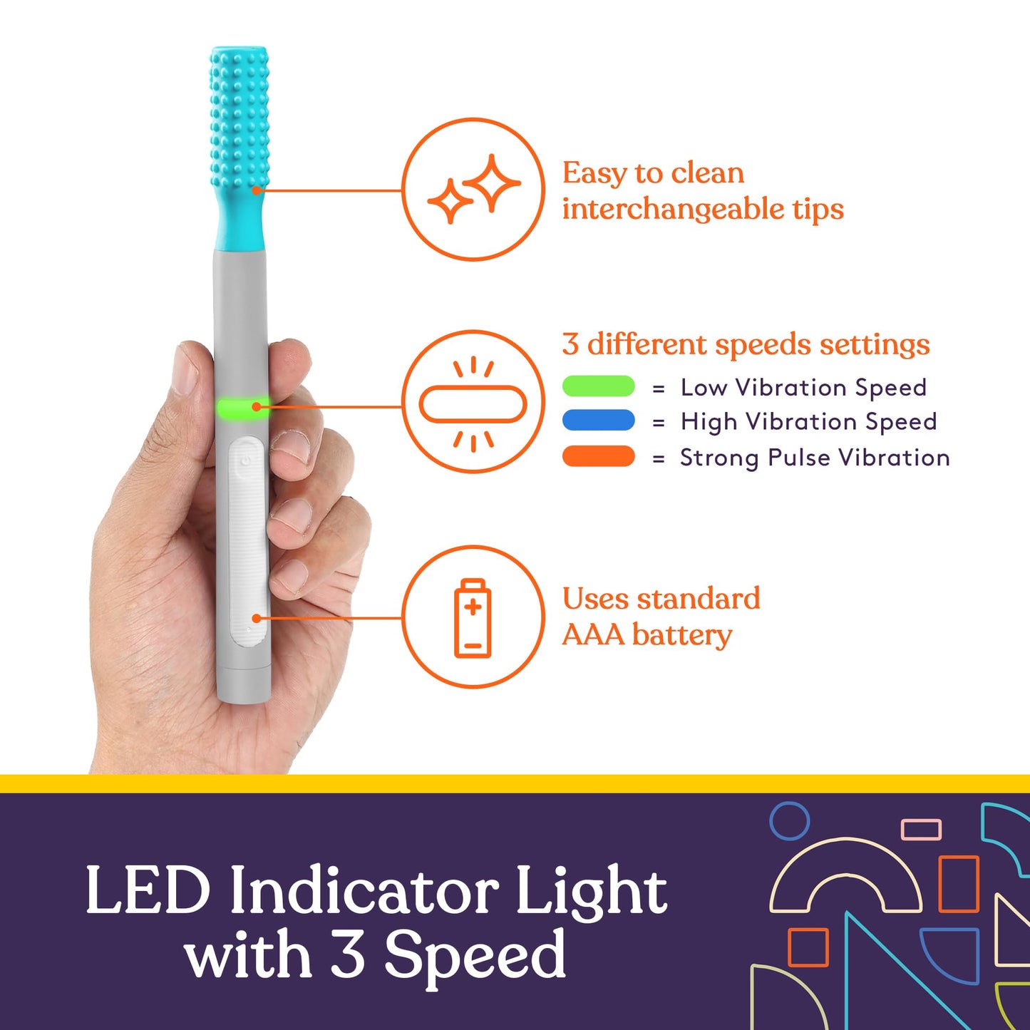 Special Supplies Buzz Buddy Oral Motor Stimulation kit with 6 Soft Textured Interchangeable Heads, Calm Sensory Needs, Support Speech, and Stimulate Self Feeding, Gentle Vibrations (Grey)