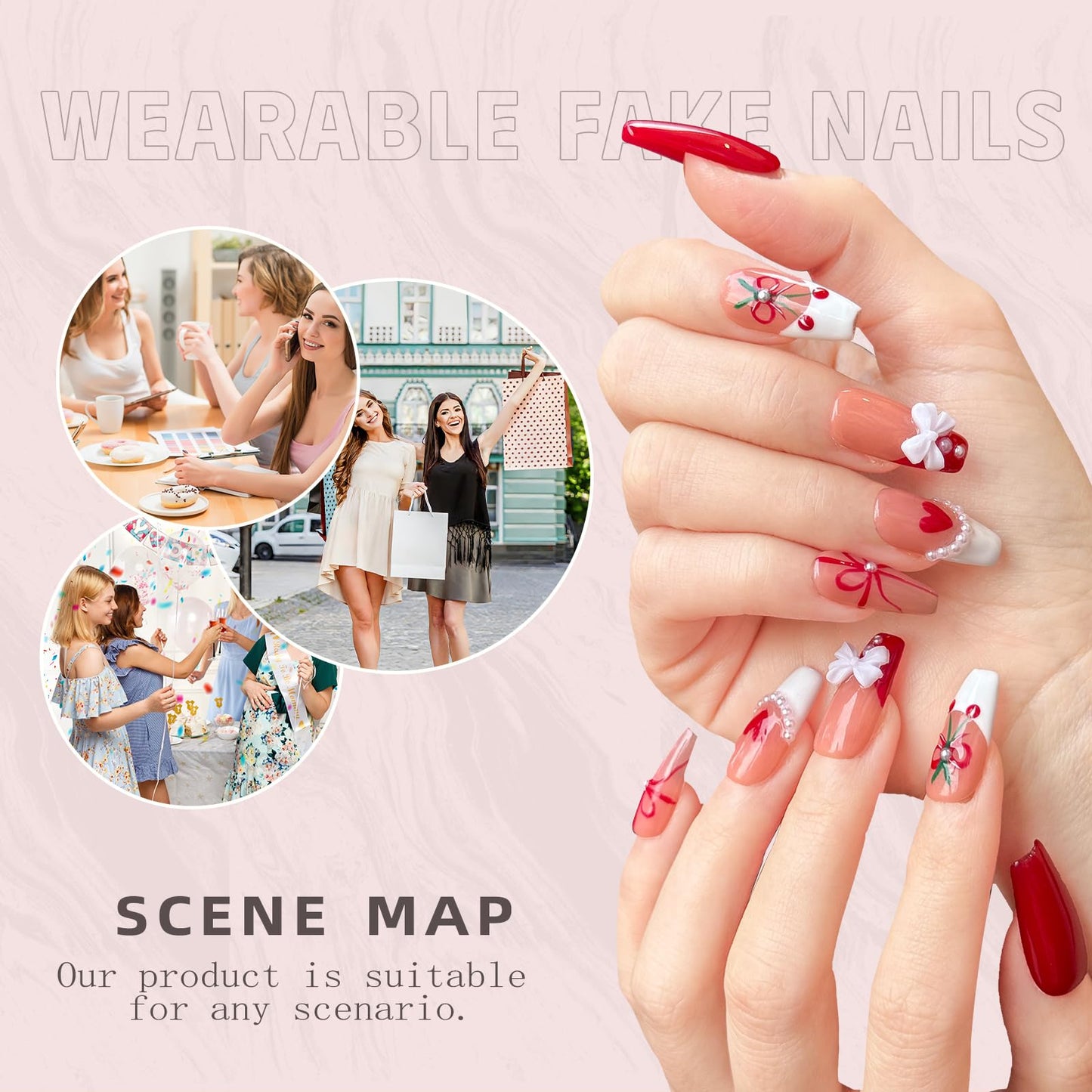 Luxury Handmade Press On Nails - Coffin 3D Bows & Cherry Pearls, French Red Reusable False Nails for Date Night & Spring Party, Salon-Grade Gel Acrylic Nail Art (S-10PCS)