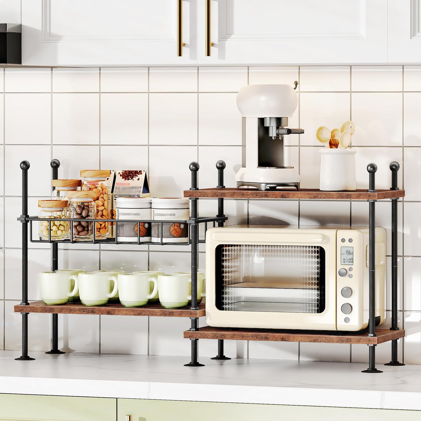 HOOBRO Kitchen countertop Organizer, 4-Tier Adjustable Kitchen Storage Shelf with Rods & Leveling Feet, 3 Configurations, for Cabinet, Countertop, Bathroom, Office, Rustic Brown and Black BF21TL01