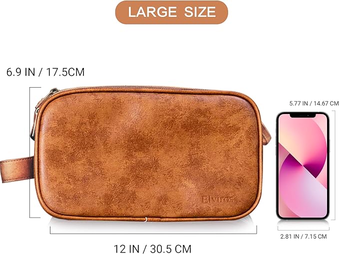 Elviros Travel Toiletry Bag Gift for Men，Mens Toiletries Bag Gifts Set Shaving Dopp Kit Water-resistant Bathroom Toiletries Organizer PU Leather Cosmetic Bags 2 Pack Brown