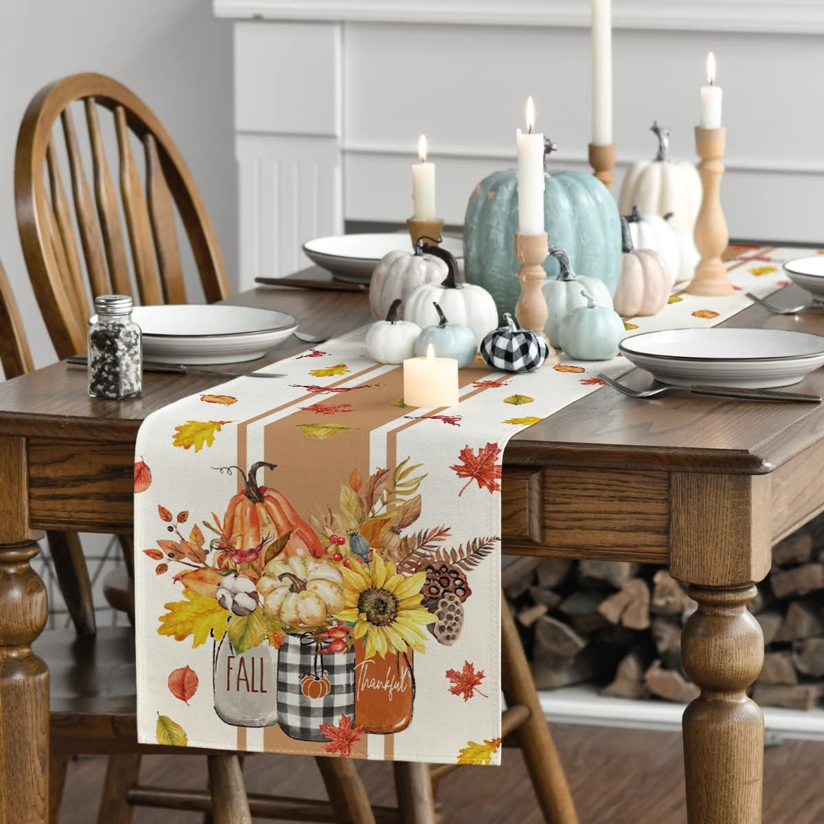 Artoid Mode Thankful Fall Pumpkin Leaves Floral Vases Table Runner, Autumn Thanksgiving Kitchen Dining Table Decoration for Home Party Decor 13x48 Inch